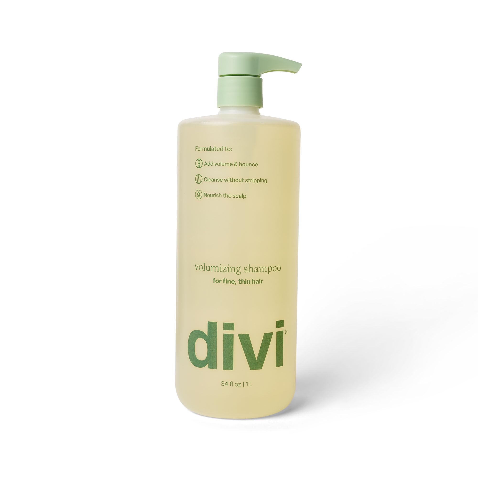 Divi Volumizing Shampoo bottle front view showing lightweight volume benefit for fuller-looking hair