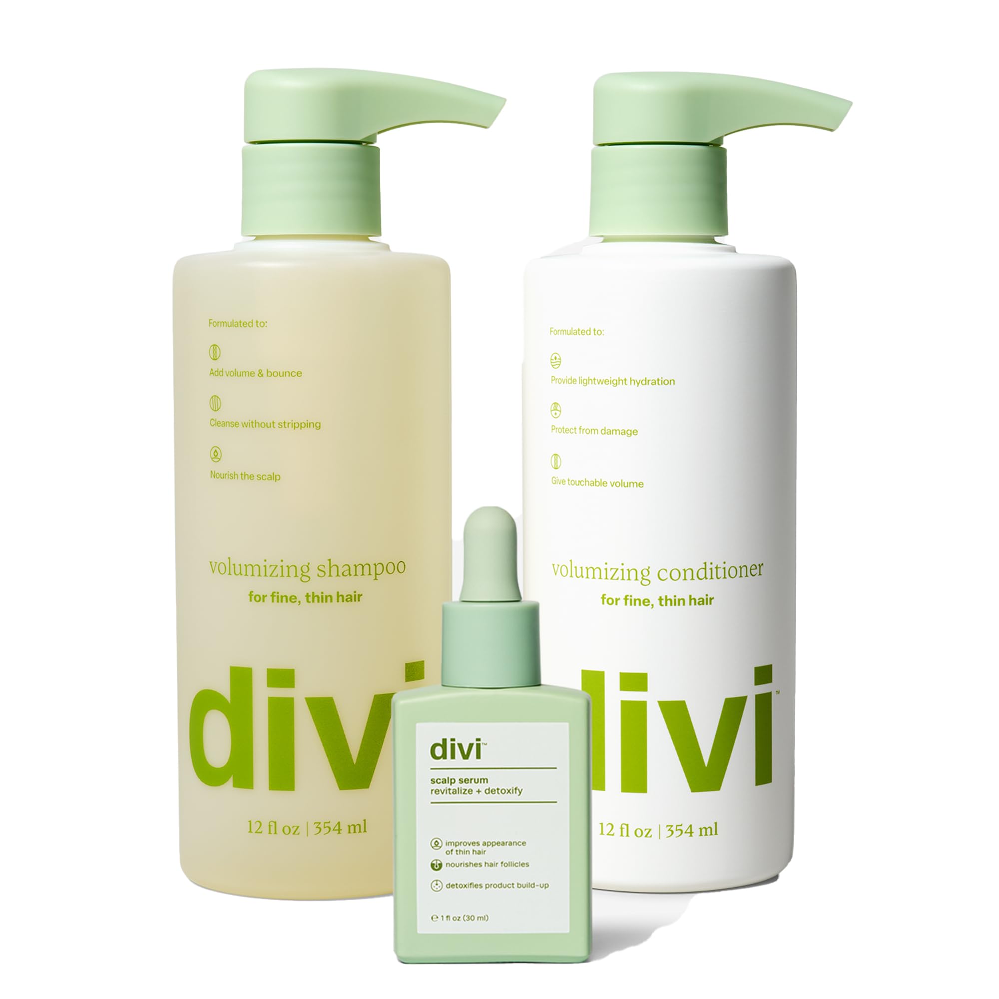 Divi Volumizing Shampoo bottle delivers lightweight lift for fine hair.