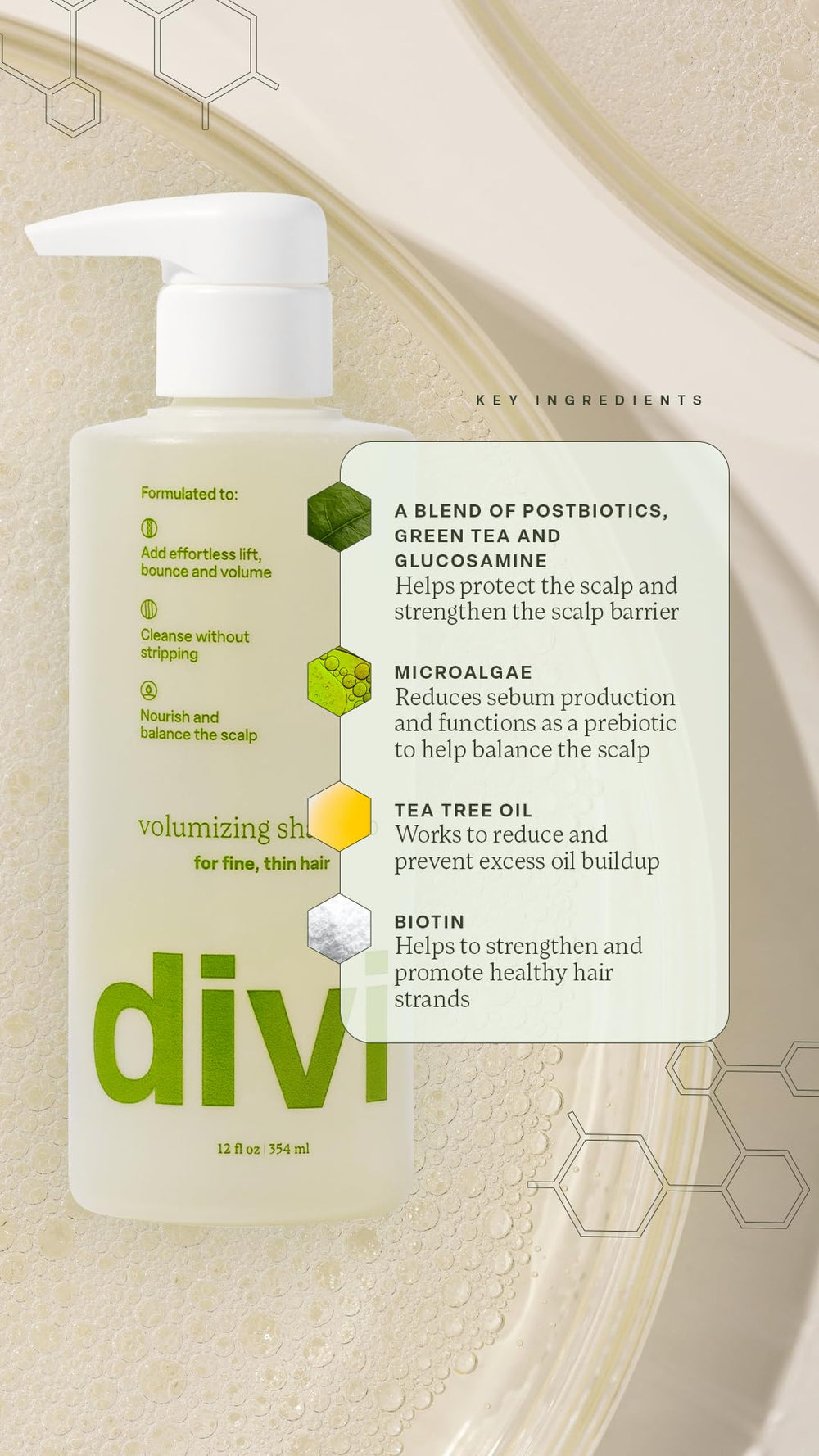 Divi Volumizing Shampoo with green tea postbiotics for balanced scalp.