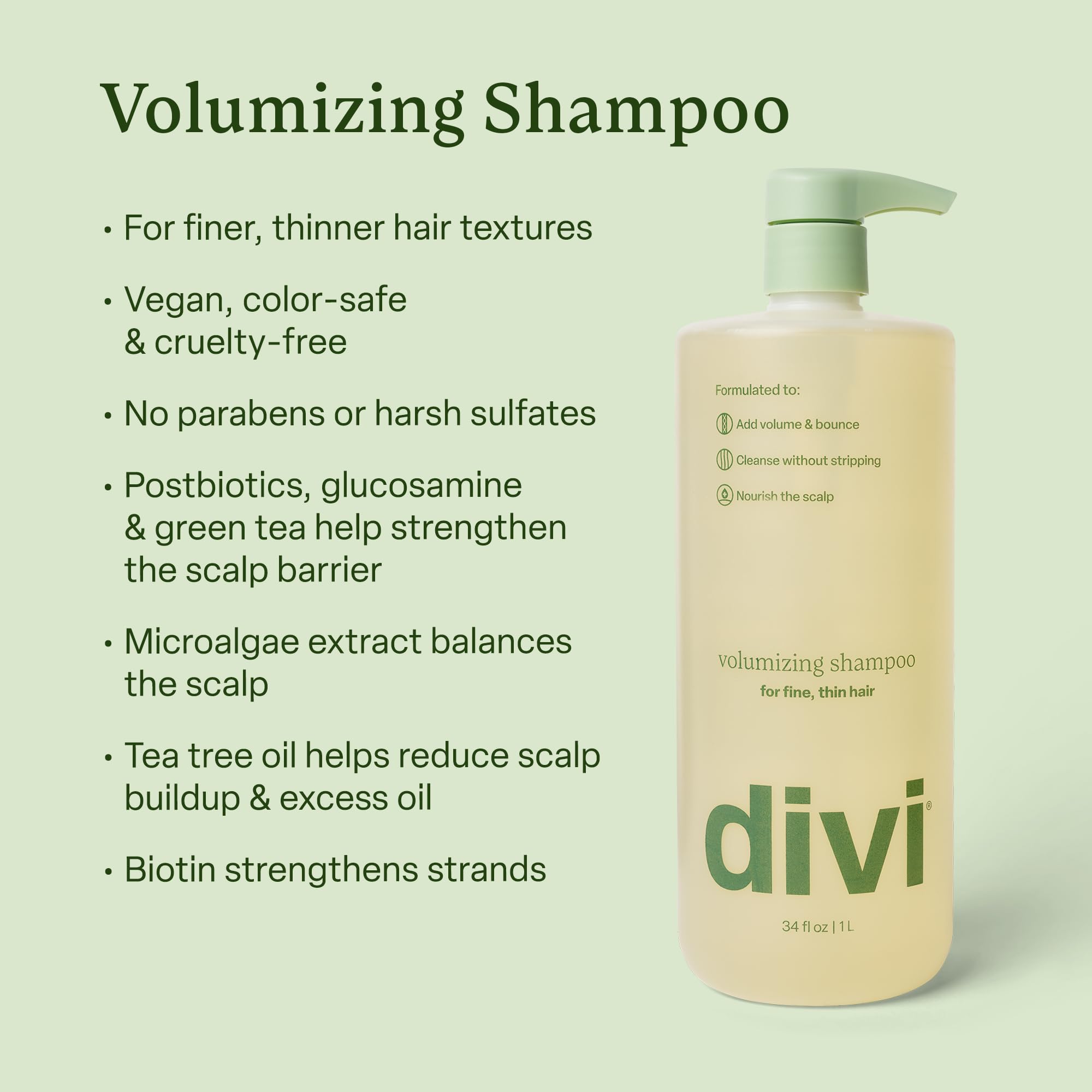 Divi Volumizing Shampoo with green tea and tea tree for balanced scalp effect