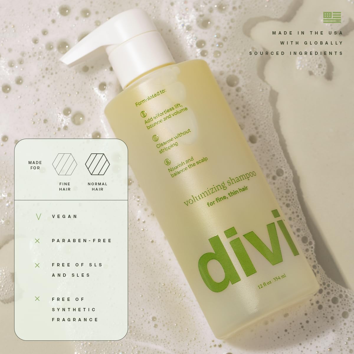Divi Volumizing Shampoo USA-made formula emphasizing vegan and paraben-free attributes