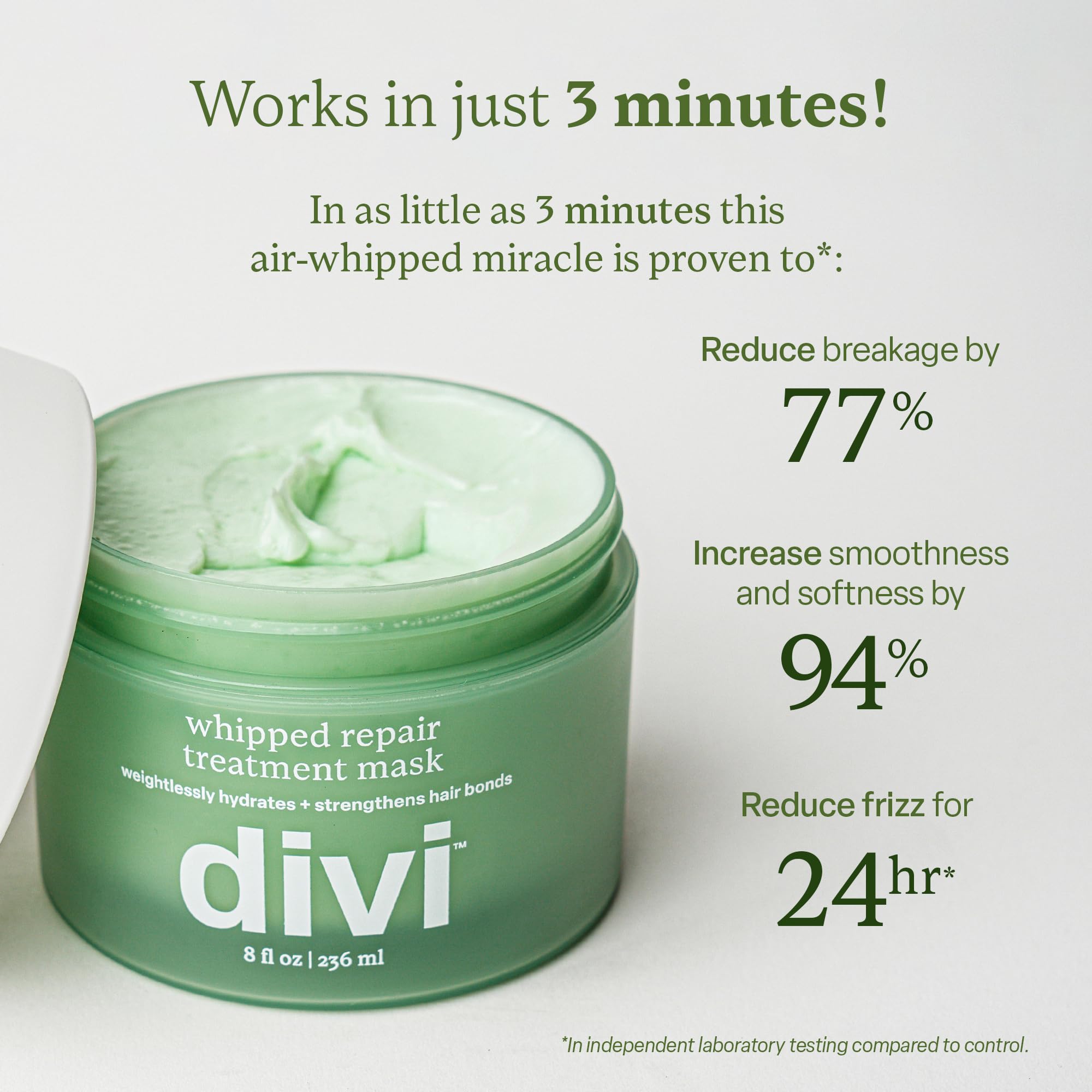 Divi Whipped Repair Hair Mask 3-minute boost highlighting rapid strength improvement.