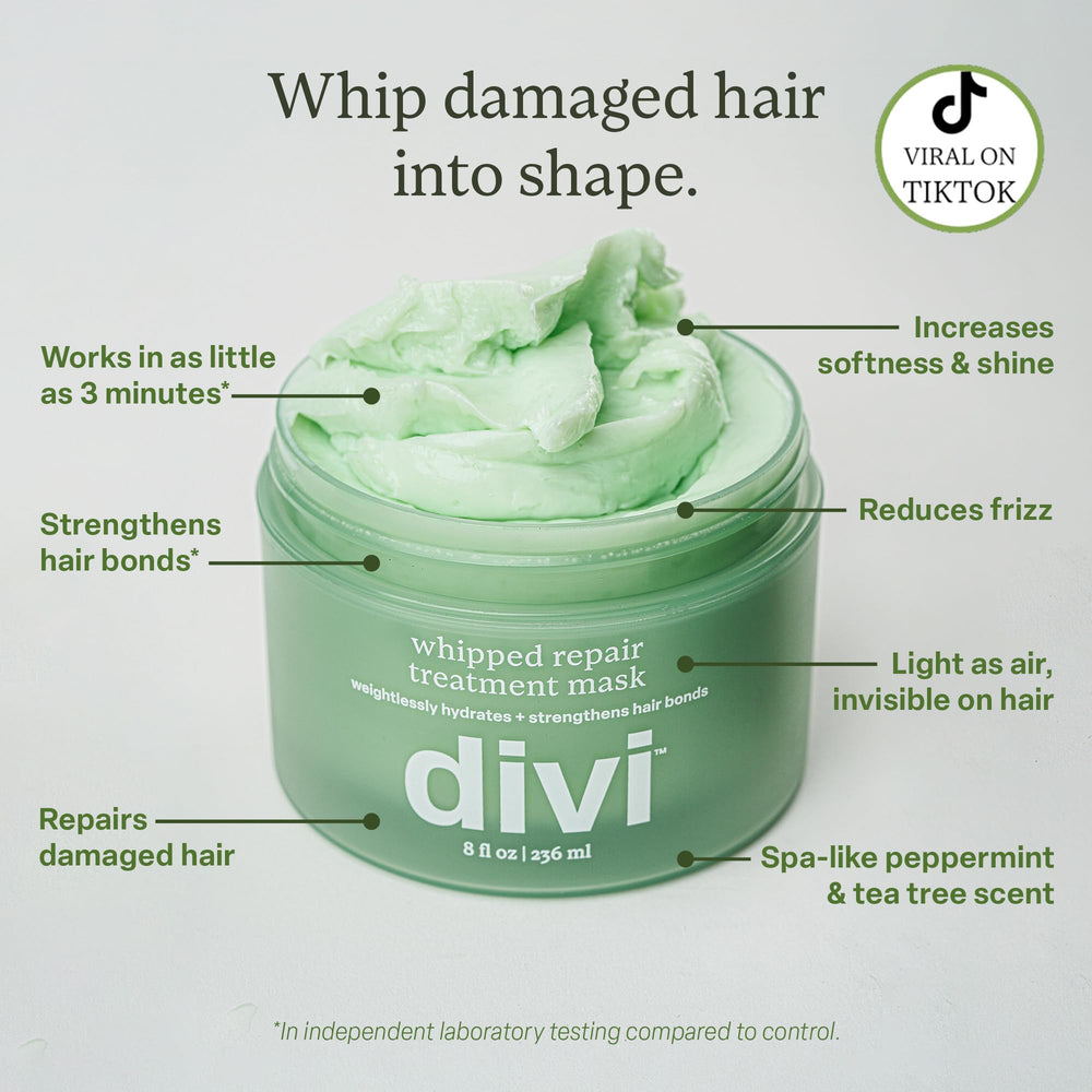 Divi Whipped Repair Hair Mask texture closeup showing creamy whipped formula for quick repair.