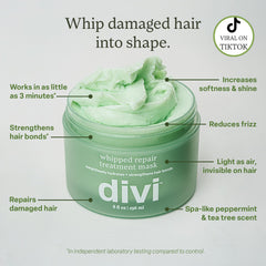 Divi Whipped Repair Hair Mask texture closeup showing creamy whipped formula for quick repair.