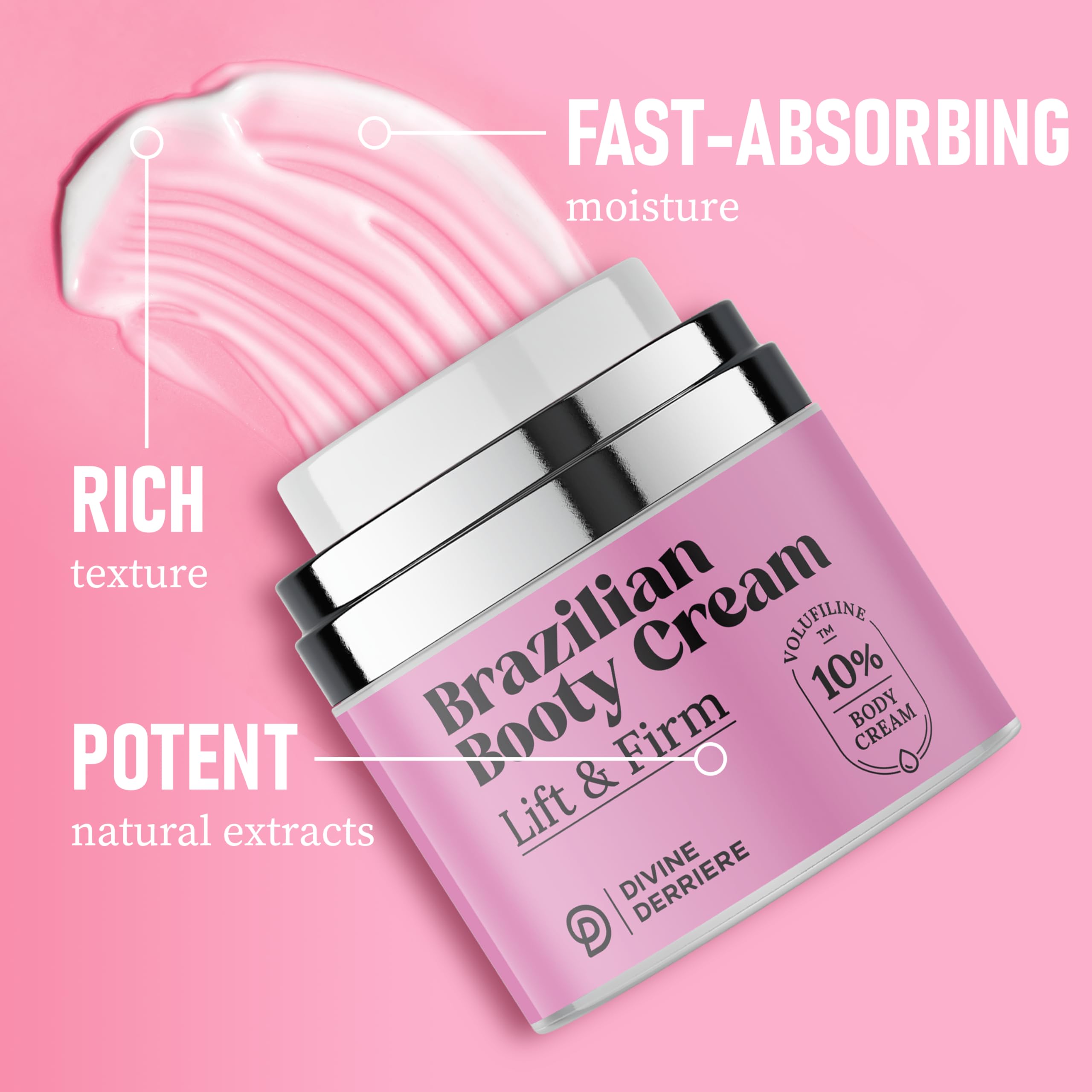 Divine Derriere anti-cellulite tightening visual hints at firmer-looking skin
