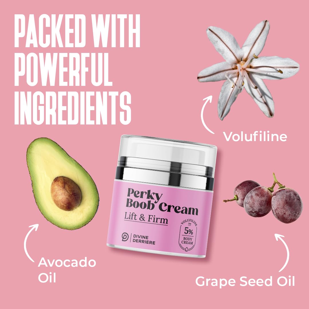 Divine Derriere Perky Body Cream before/after style visuals suggest smoother texture.