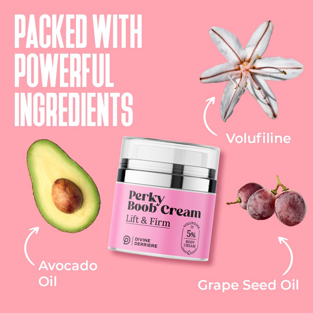 Divine Derriere Perky Body Cream before/after style visuals suggest smoother texture.