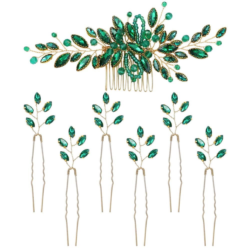 Dizila emerald-green crystal hair side comb adds bridal sparkle for wedding visuals.