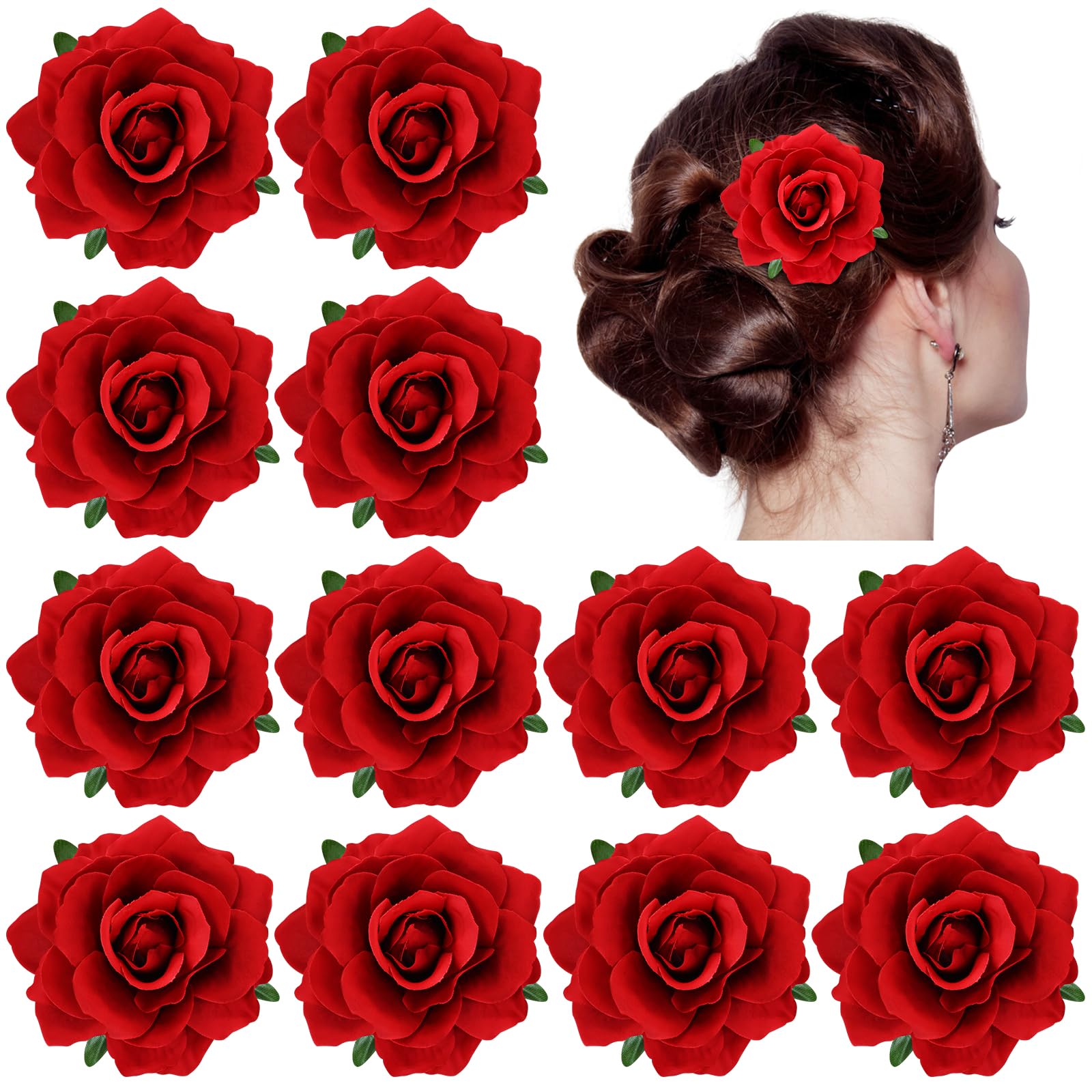 Dizila flamenco red rose brooch-hair clip adds elegant bridal sparkle with secure backing