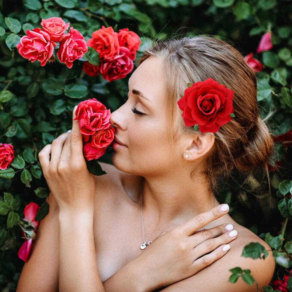 Dizila red rose hair clip for prom or dance performances with refined flair