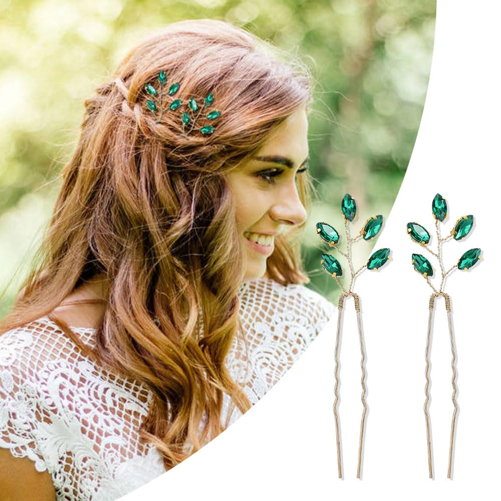 Dizila gold metal hair pin emerald-green details enhance secure, elegant updos.