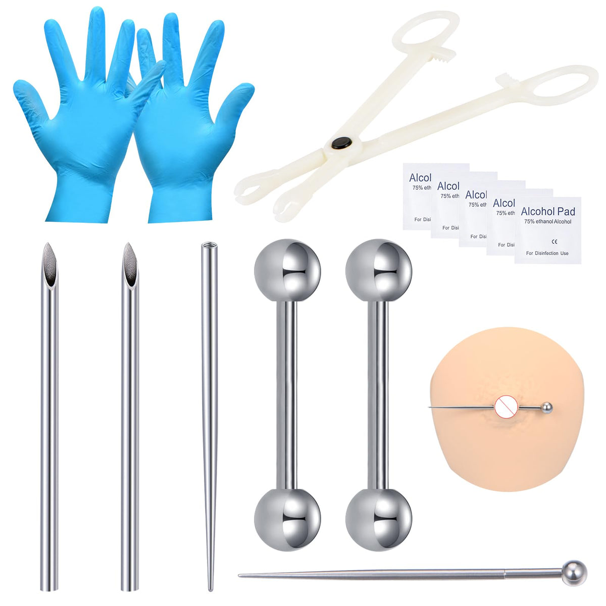 DJCIW nipple piercing kit with 14G barbell ensures precise placement and hygienic prep.