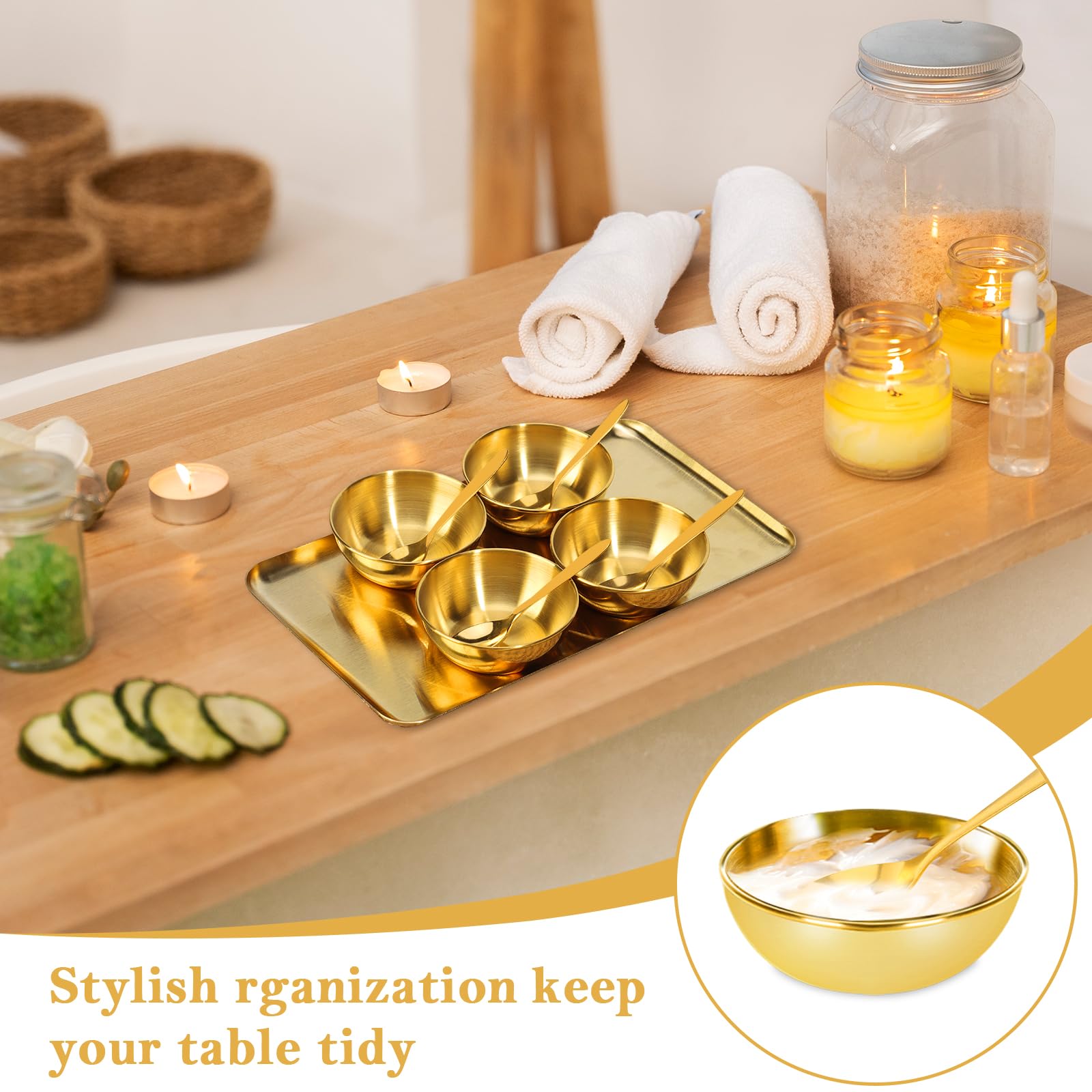 DLUGOPIS gold tray setup keeps bowls and spoons within easy reach.
