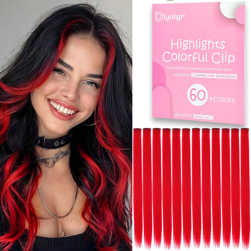 Dlyoigr red hair extensions clip-in 22-inch full-length for festive party styling.