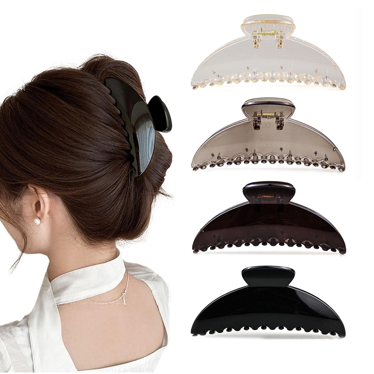 DMJHJY large acrylic hair clip open demonstrates easy, secure hold for thick hair during daily styling.