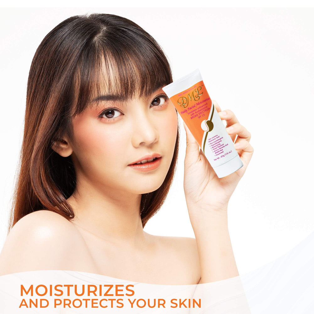 DML Daily Facial Moisturizer SPF 25 label highlights broad protection for daily sun exposure.