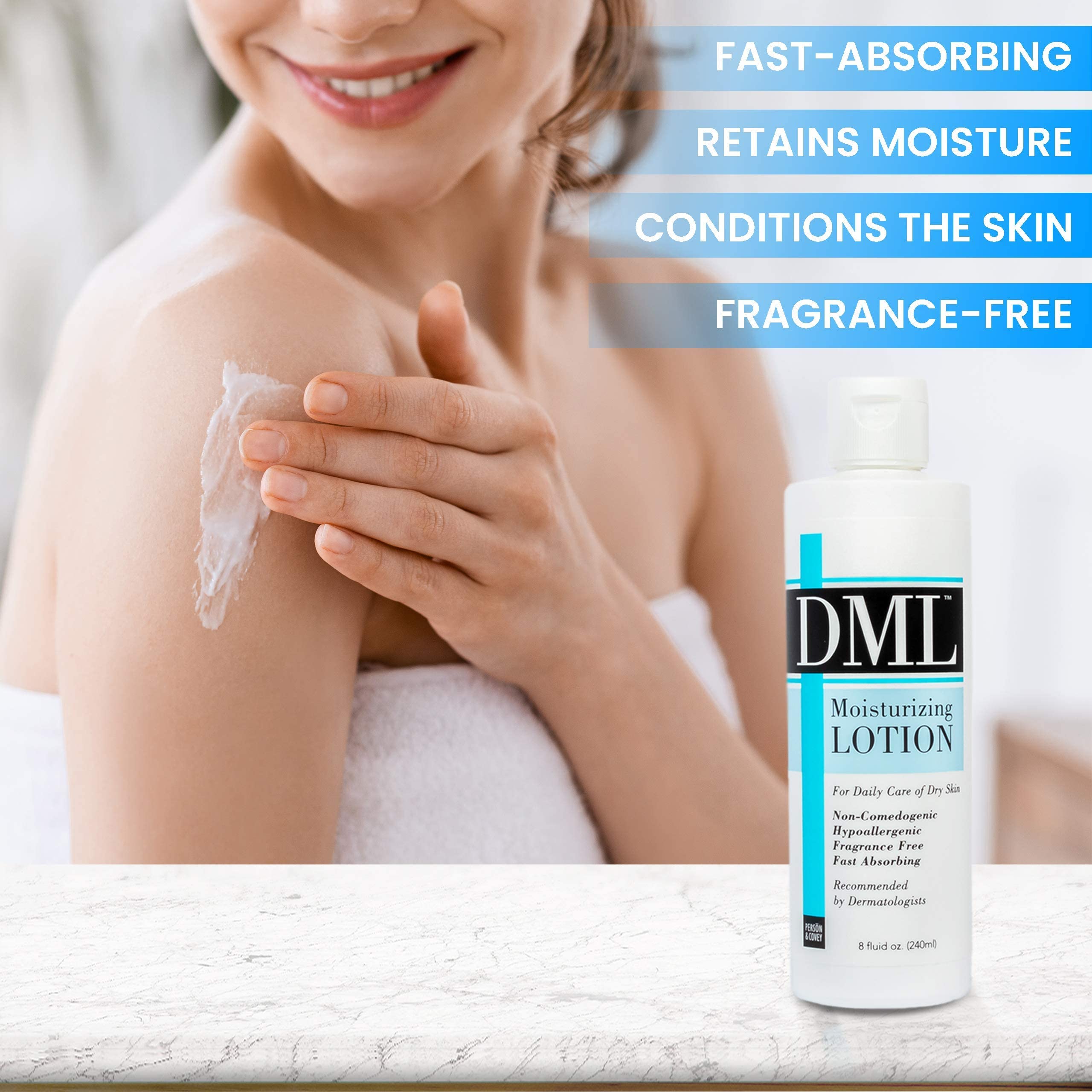 DML Moisturizing Lotion fragrance-free new-condition packaging highlights convenient daily use.