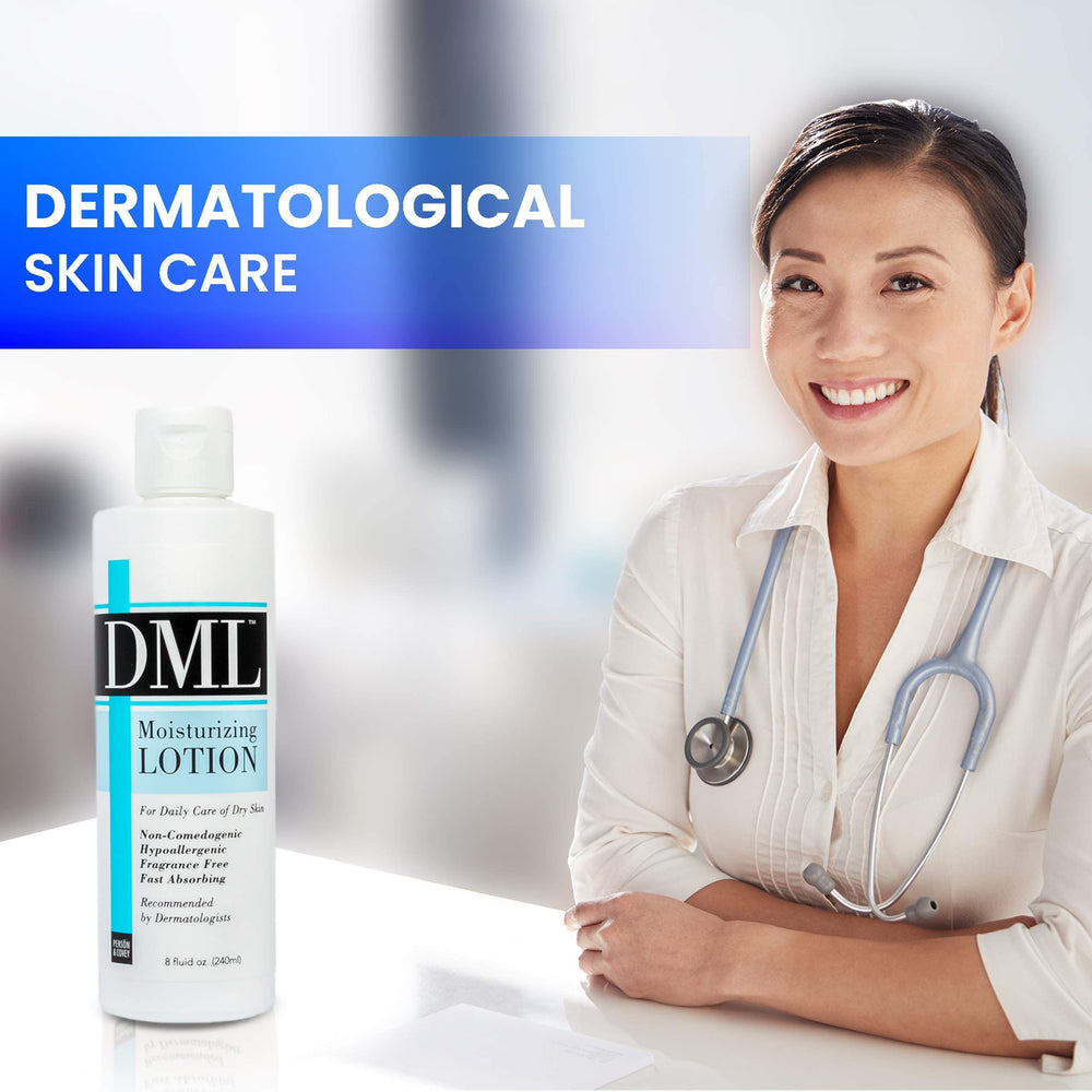 DML Moisturizing Lotion fragrance-free face-application demonstrates dermatologist-friendly use for sensitive skin.