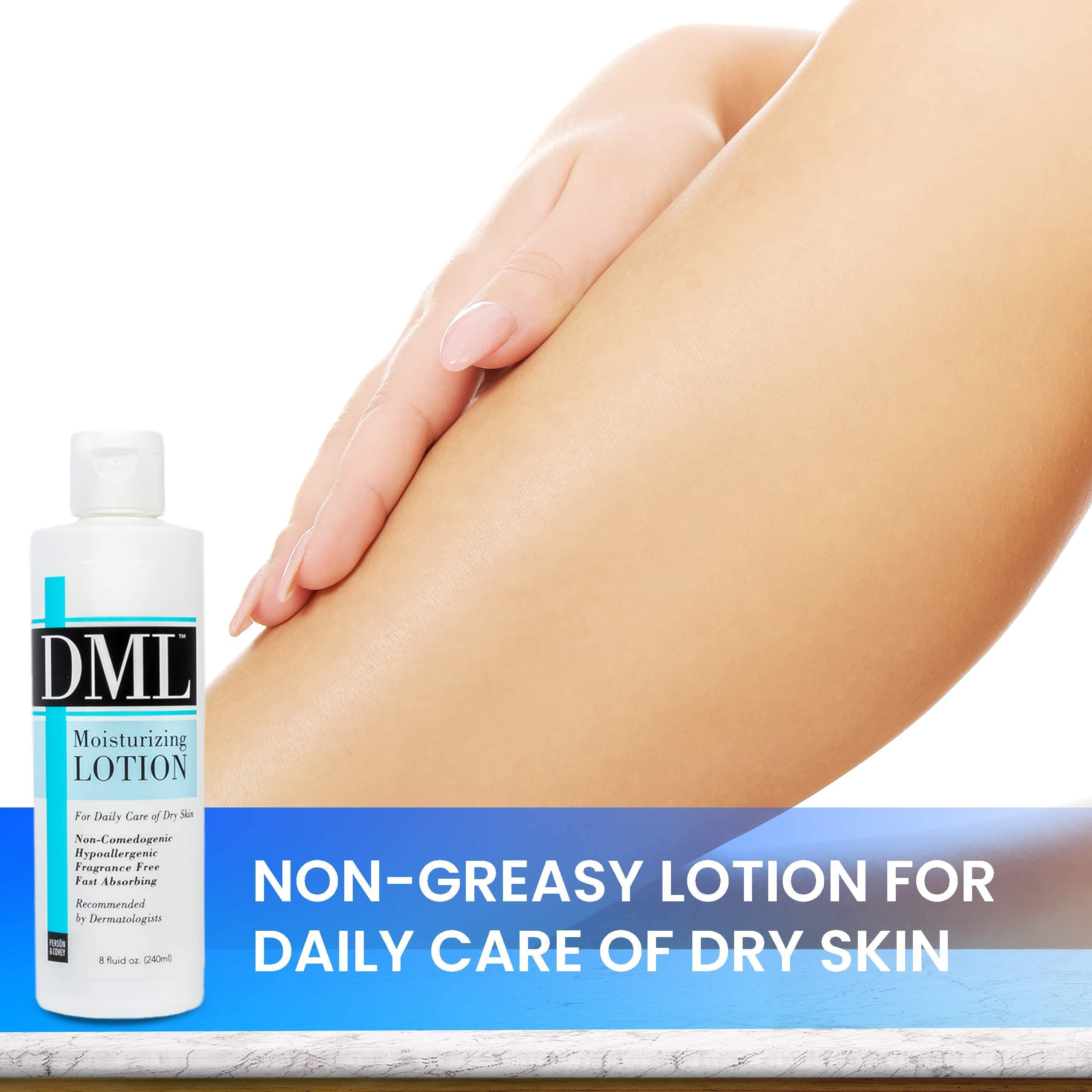 DML Moisturizing Lotion fragrance-free packaging signals hypoallergenic, dye-free formula.