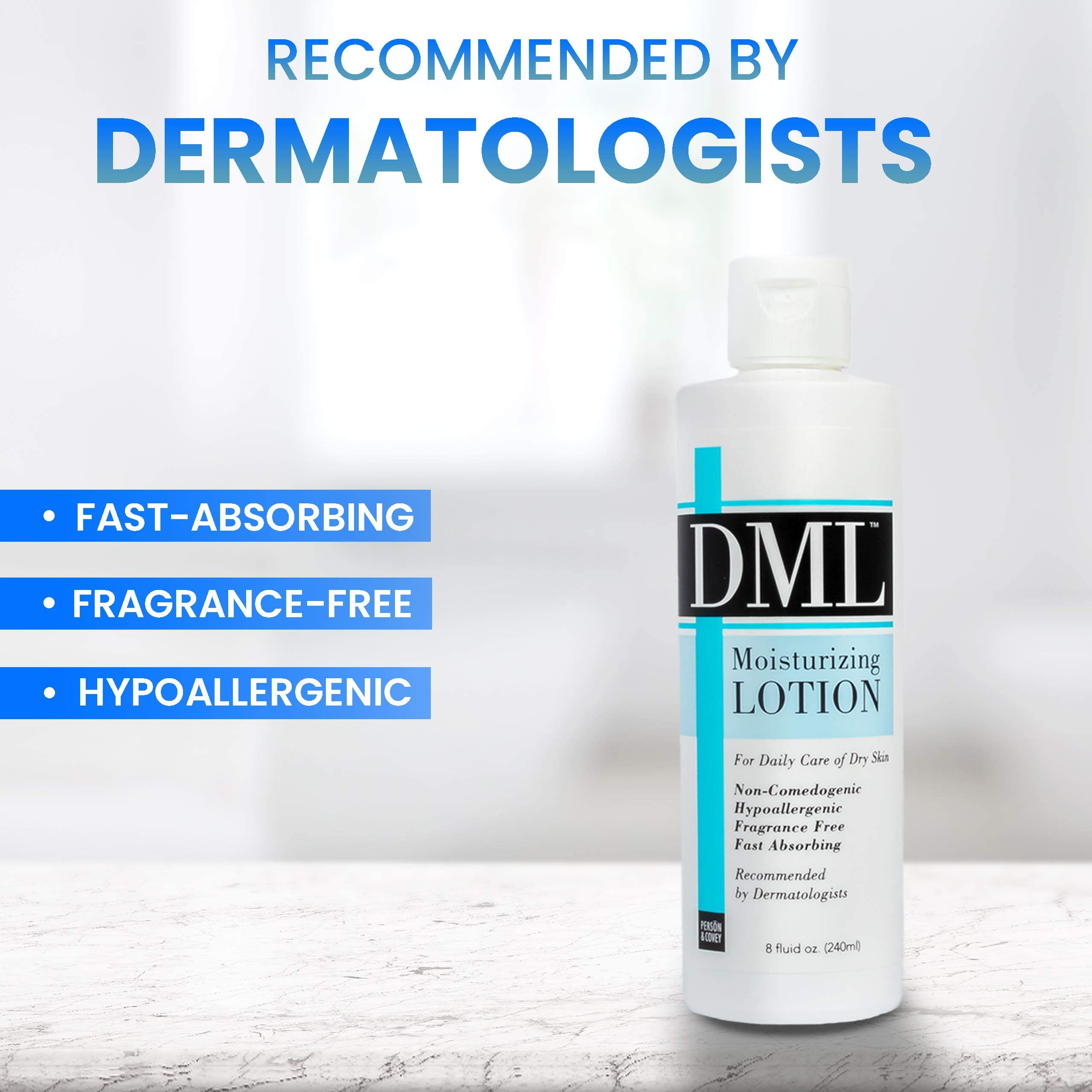 DML Moisturizing Lotion fragrance-free texture closeup highlights velvety, hydrated skin.