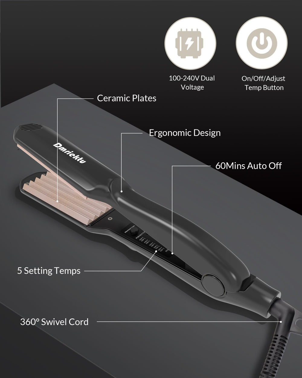 Dmriektu hair crimper auto-off dual voltage for safe travel use.