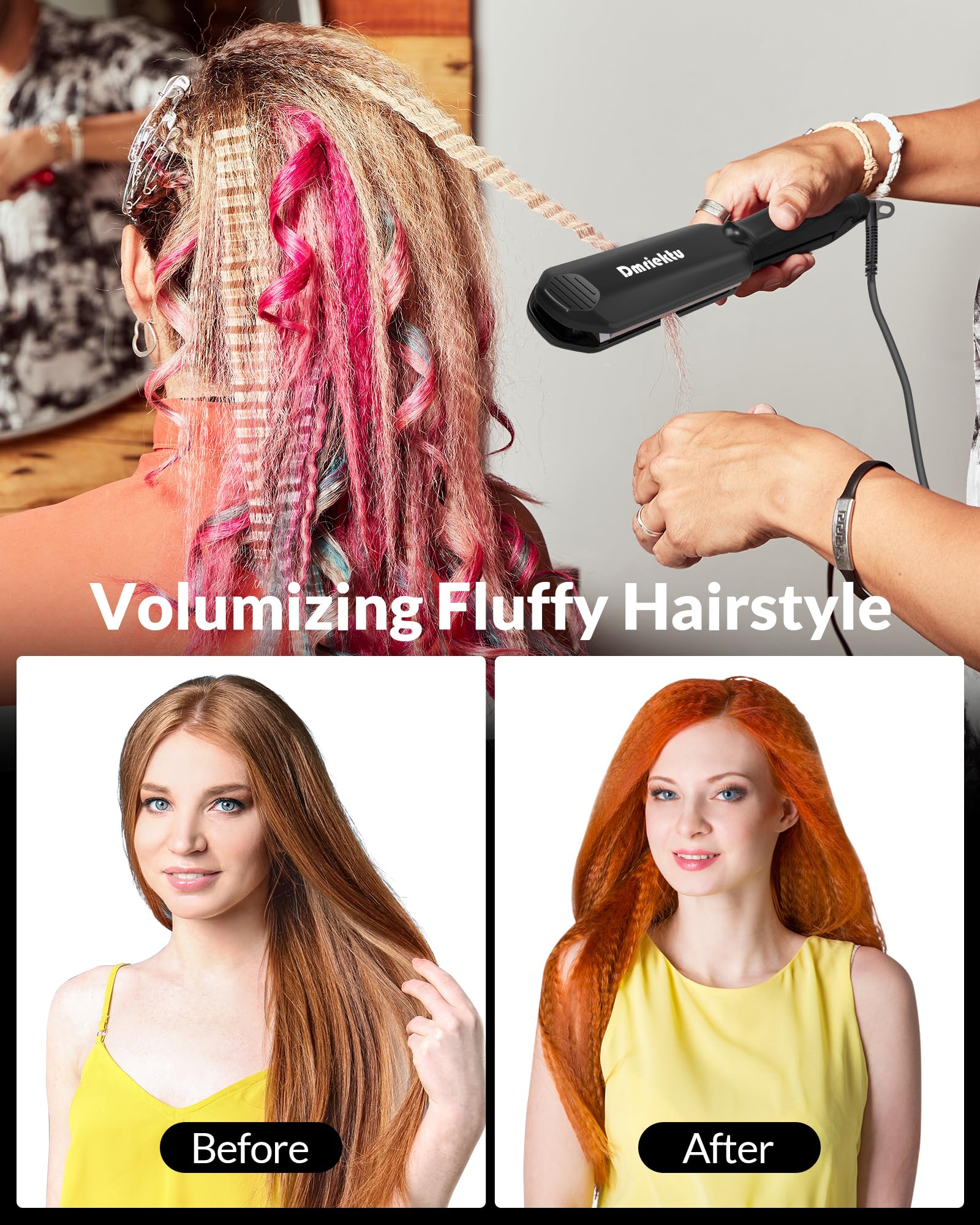 Dmriektu hair crimper voluminous fluff finish showcases retro 80s look possibilities.