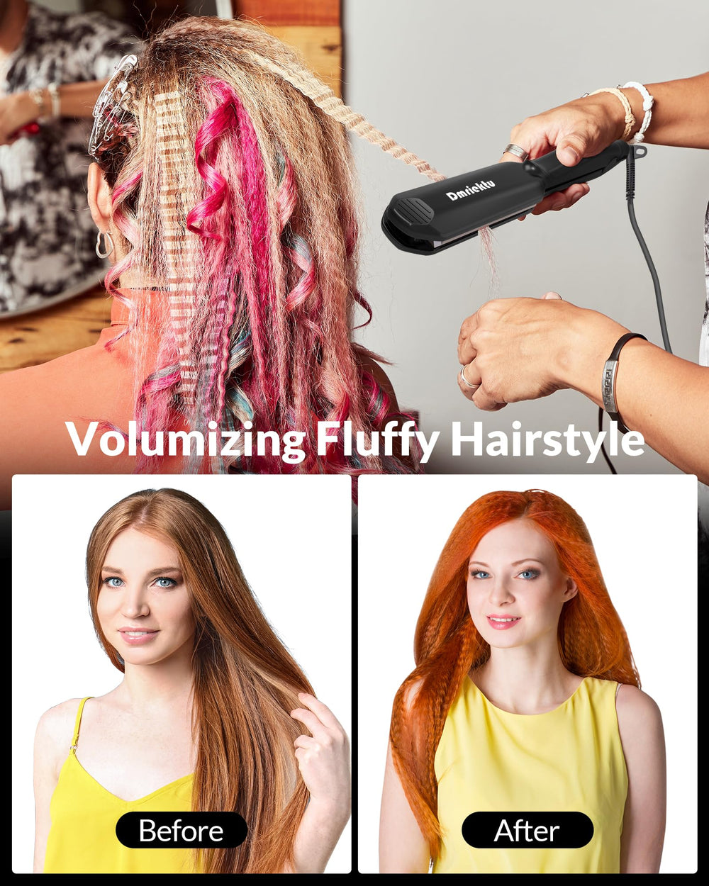 Dmriektu hair crimper voluminous fluff finish showcases retro 80s look possibilities.