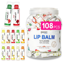 Dmsky lip balm 108-pack flavor display, ideal for bulk gifts and party favors.