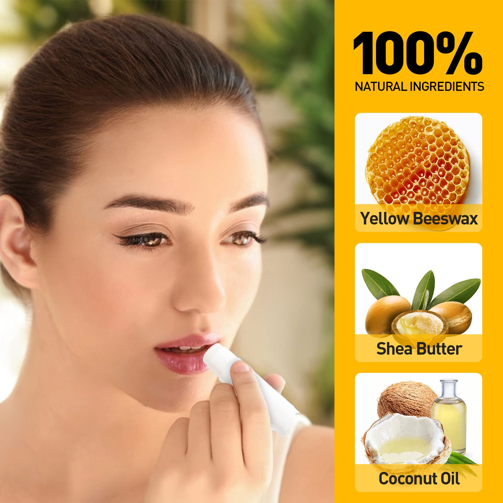 DMSKY coconut oil lip balm ingredient highlight bottle, pure nourishment.