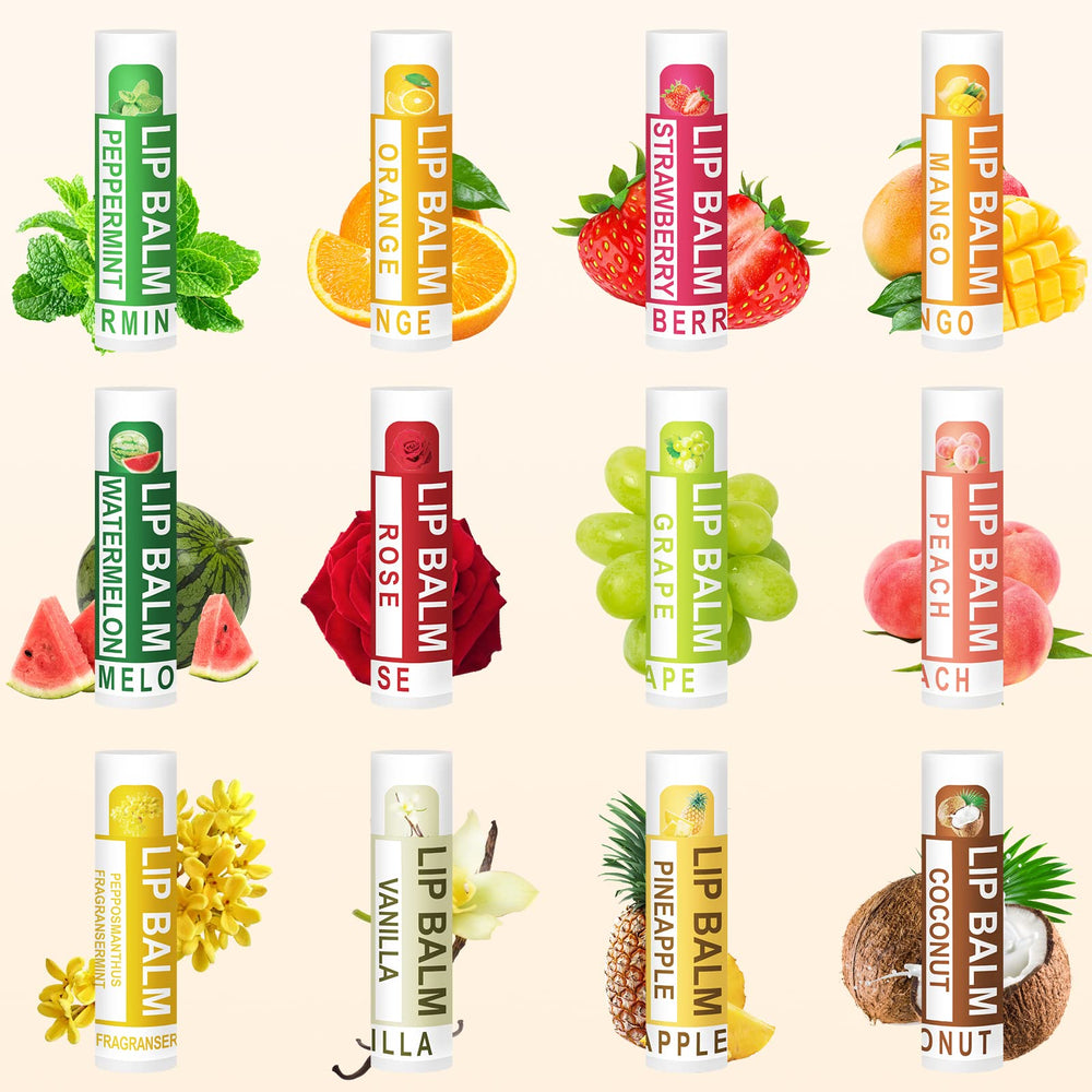 DMSKY lip balm flavor variety display—12 flavors for every mood.