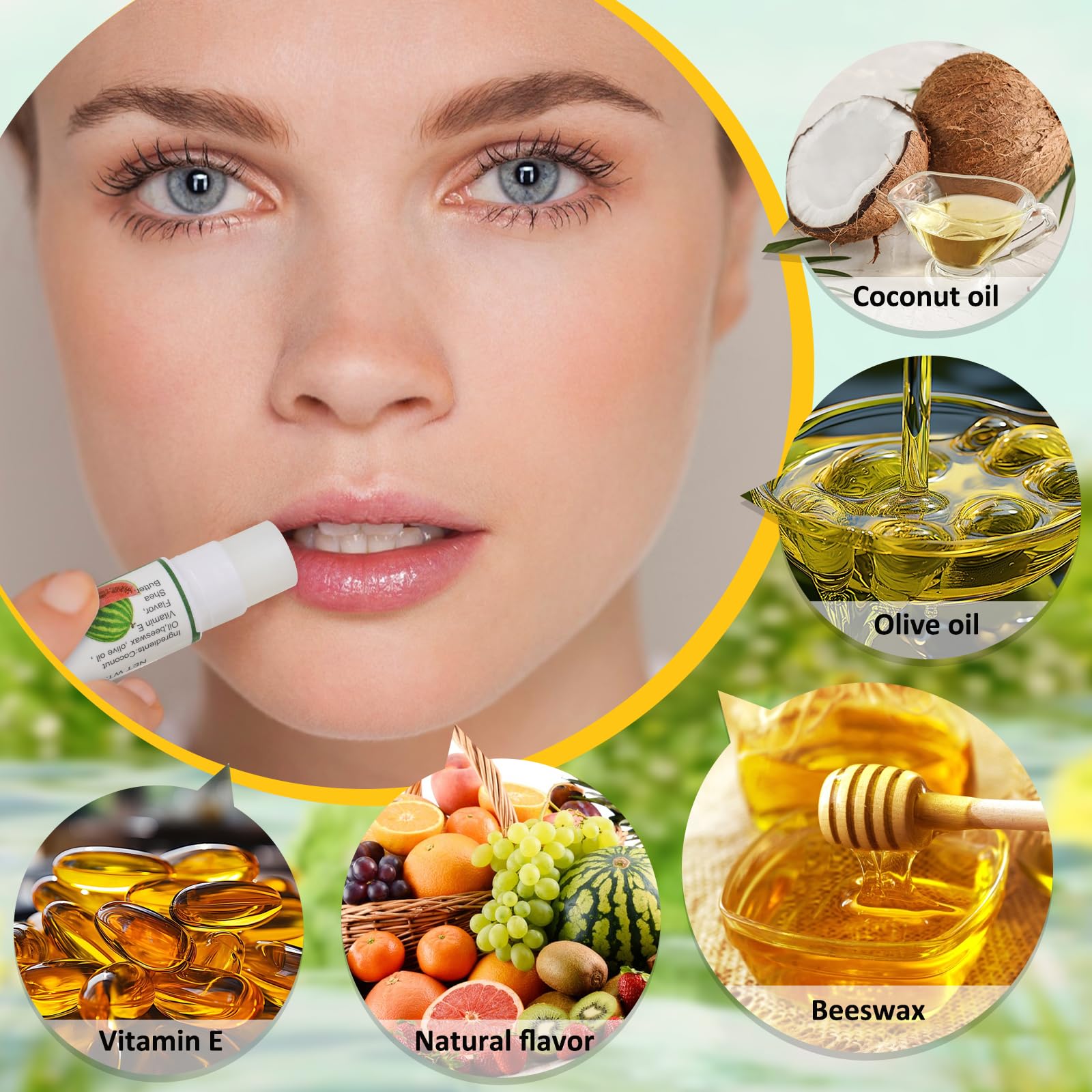Dmsky lip balm coconut oil ingredient focus for nourishing softness.