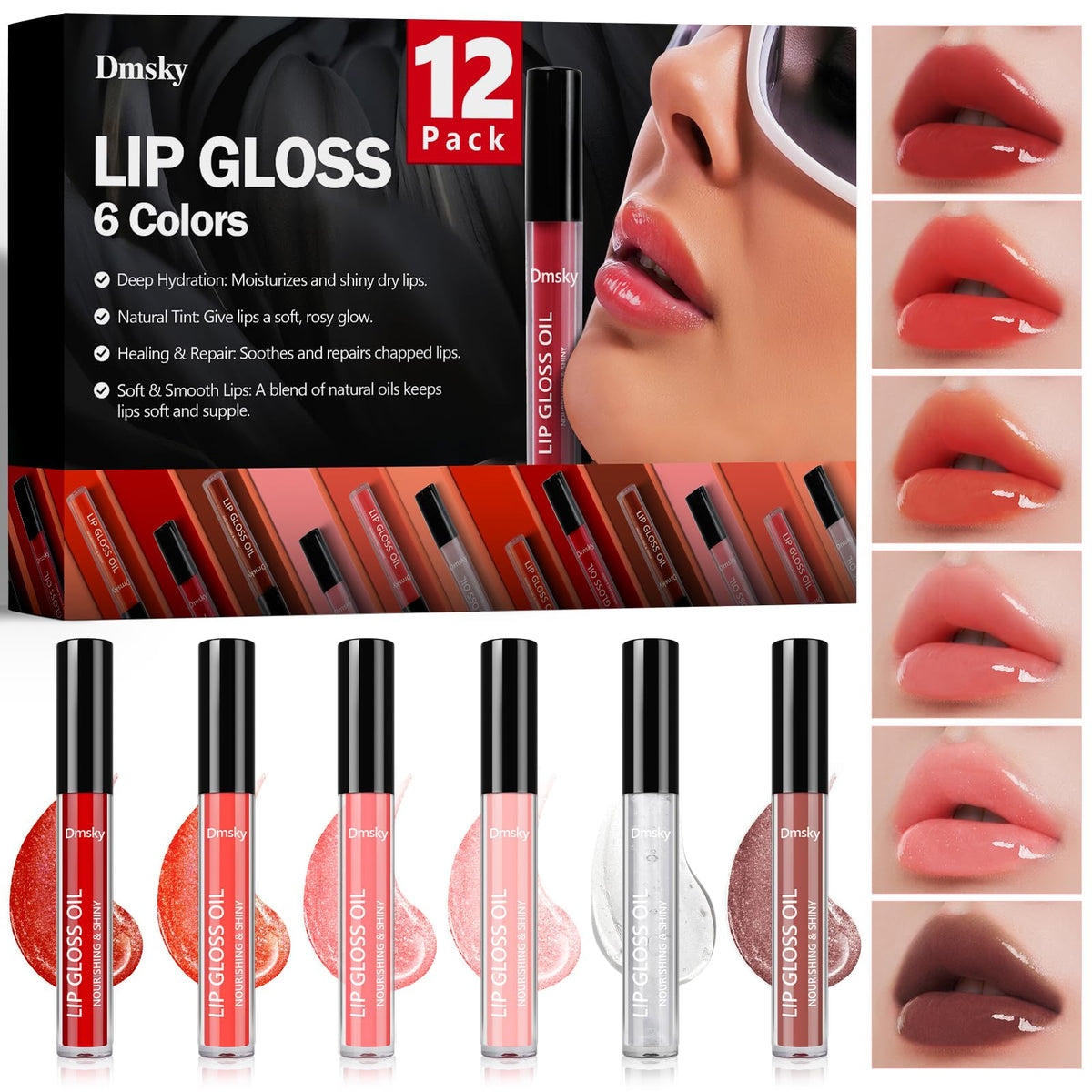 Dmsky lip gloss 12-pack collection showing vibrant colors for daily shine and hydration.