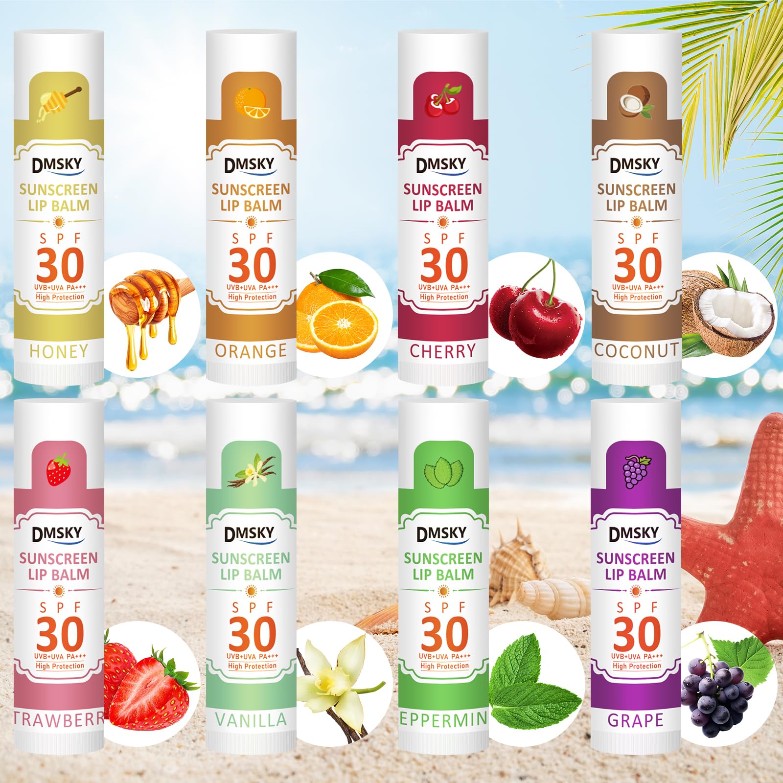 DMSKY lip balm tubes displayed side-by-side highlighting travel-friendly sunscreen