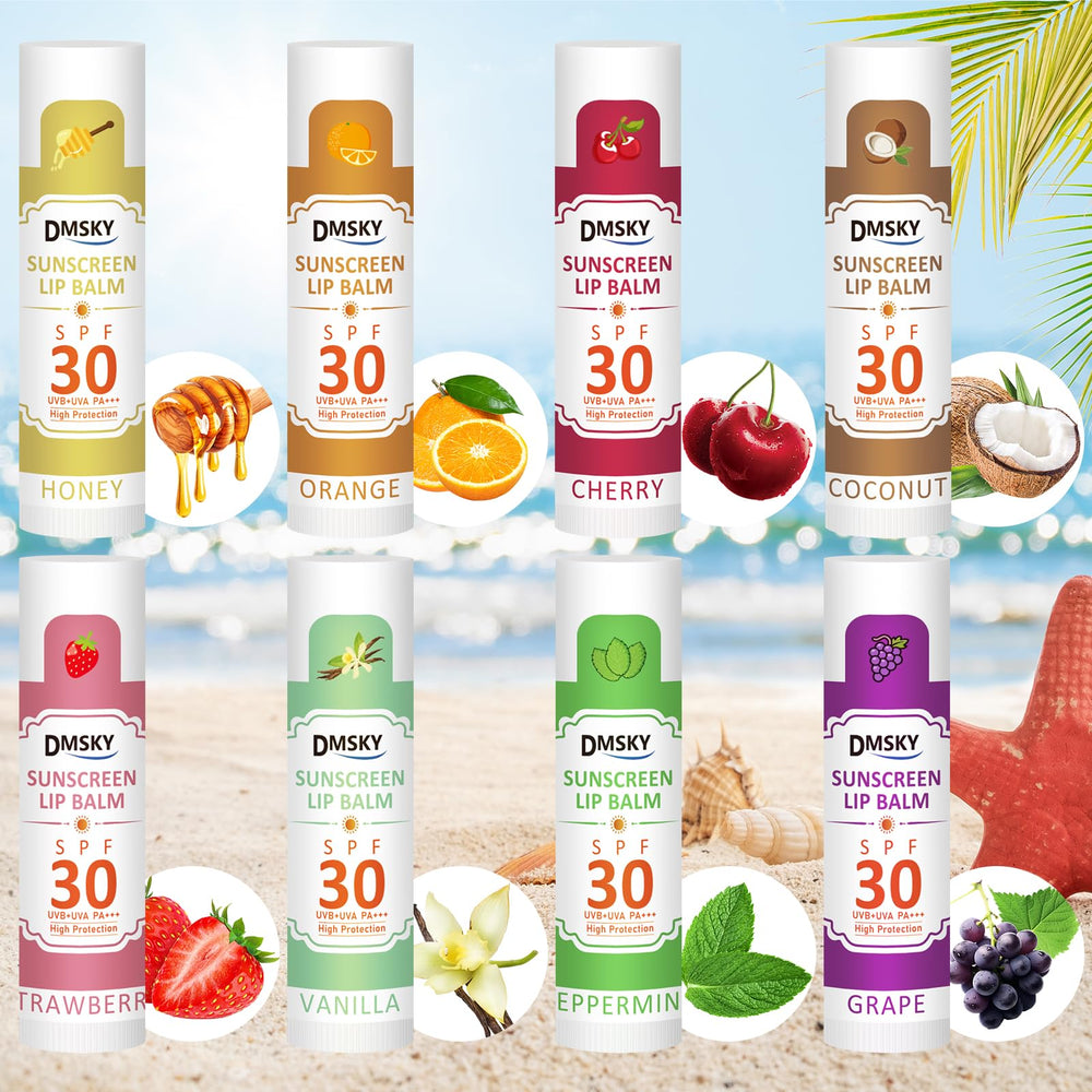 DMSKY lip balm tubes displayed side-by-side highlighting travel-friendly sunscreen