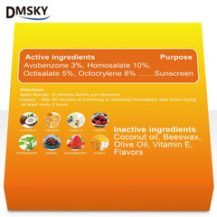 DMSKY SPF 30 balm shows clear, non-greasy application on lips