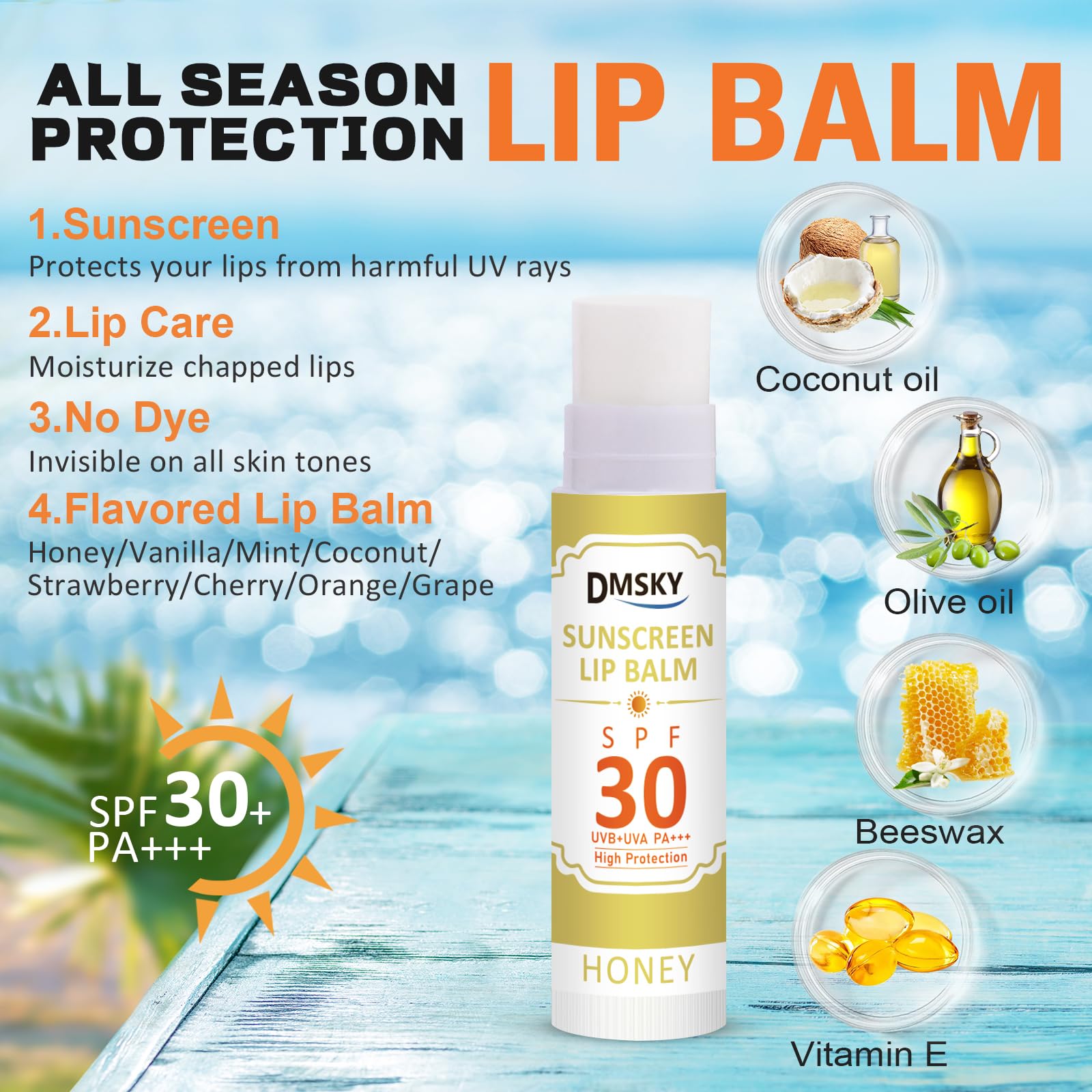 DMSKY formula with coconut oil and vitamin E nourishing lips