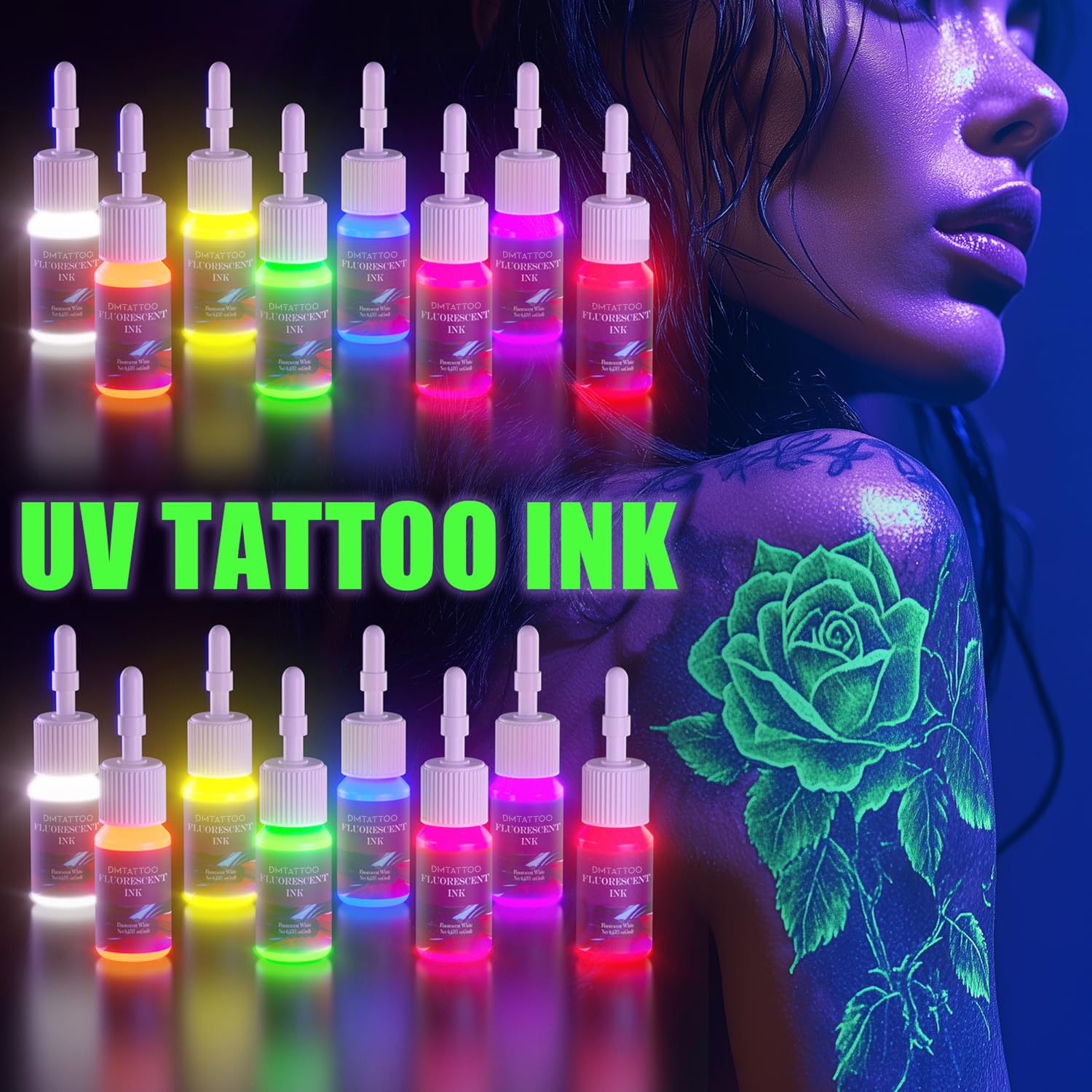 DMTATTOO eight-color fluorescent ink set packaging shows all colors for mixing