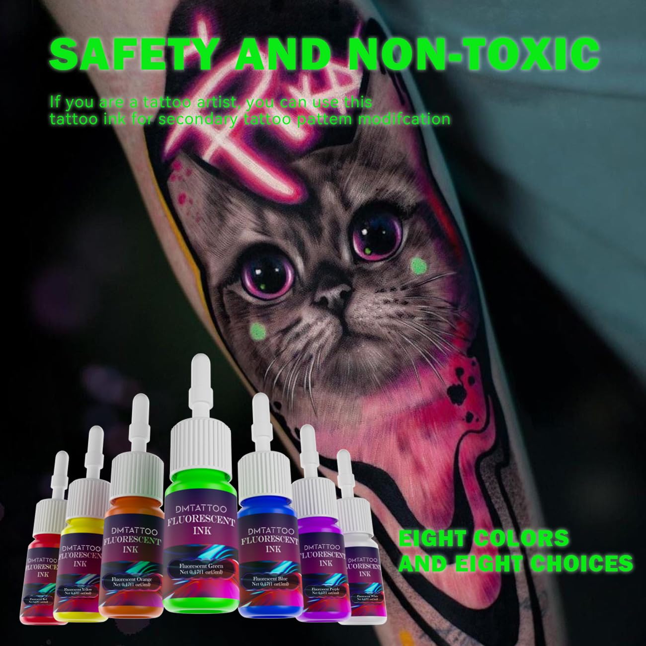 DMTATTOO orange fluorescent tattoo ink bottle adds warm glow for bold designs