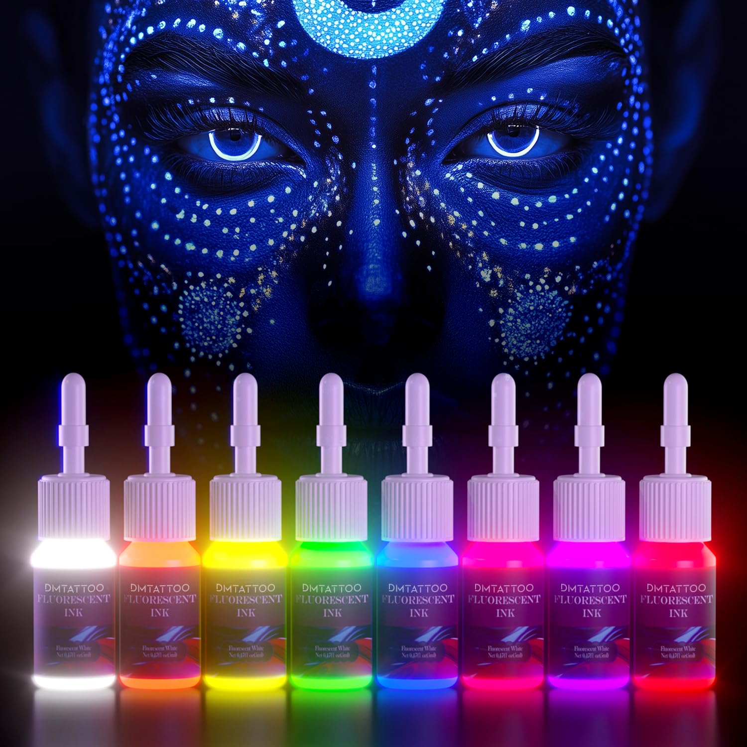 DMTATTOO red fluorescent tattoo ink bottle delivers striking UV accents