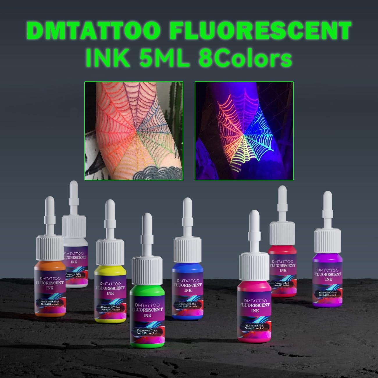 DMTATTOO white fluorescent tattoo ink bottle stands out under UV light