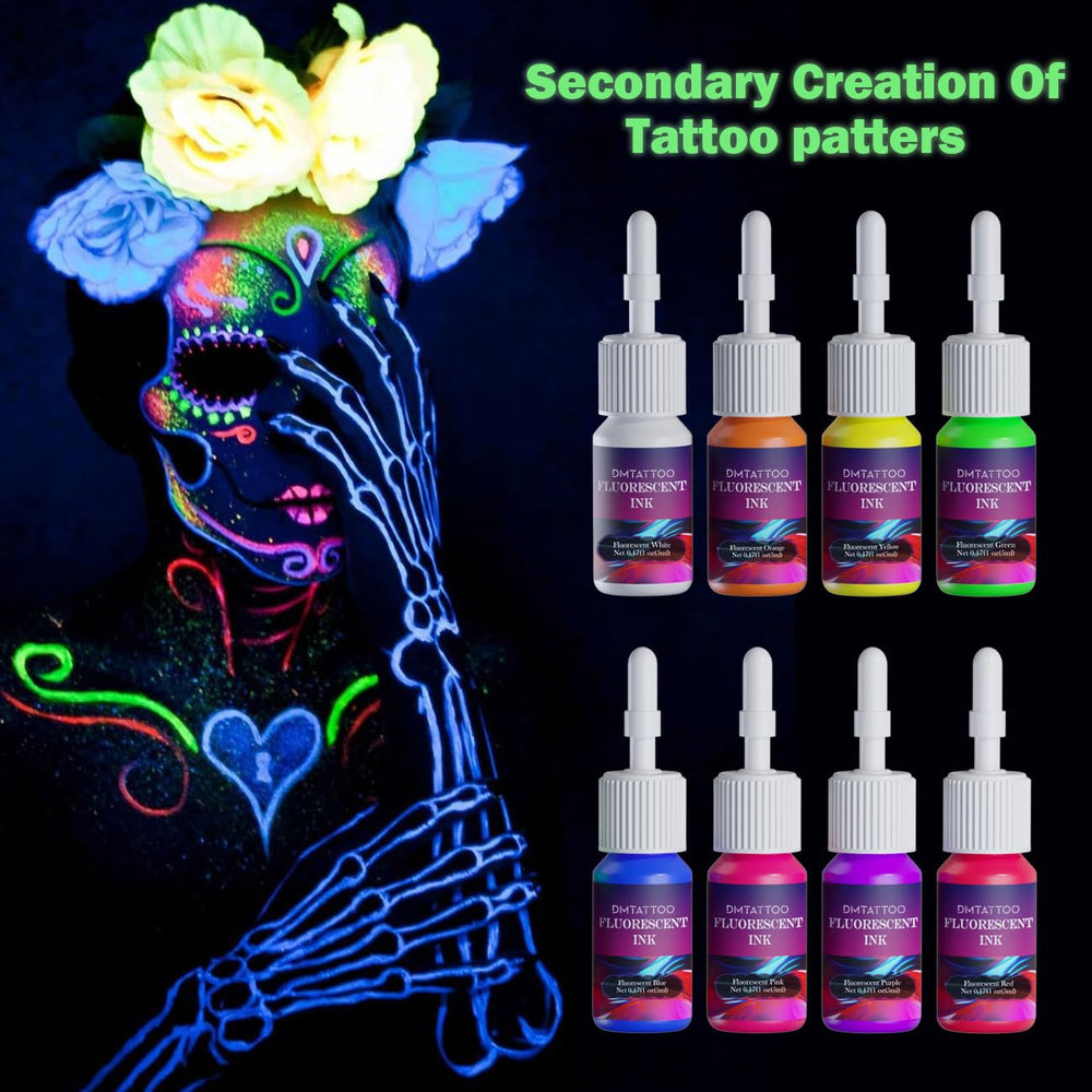 DMTATTOO yellow fluorescent tattoo ink bottle lights up skin with sunny flair