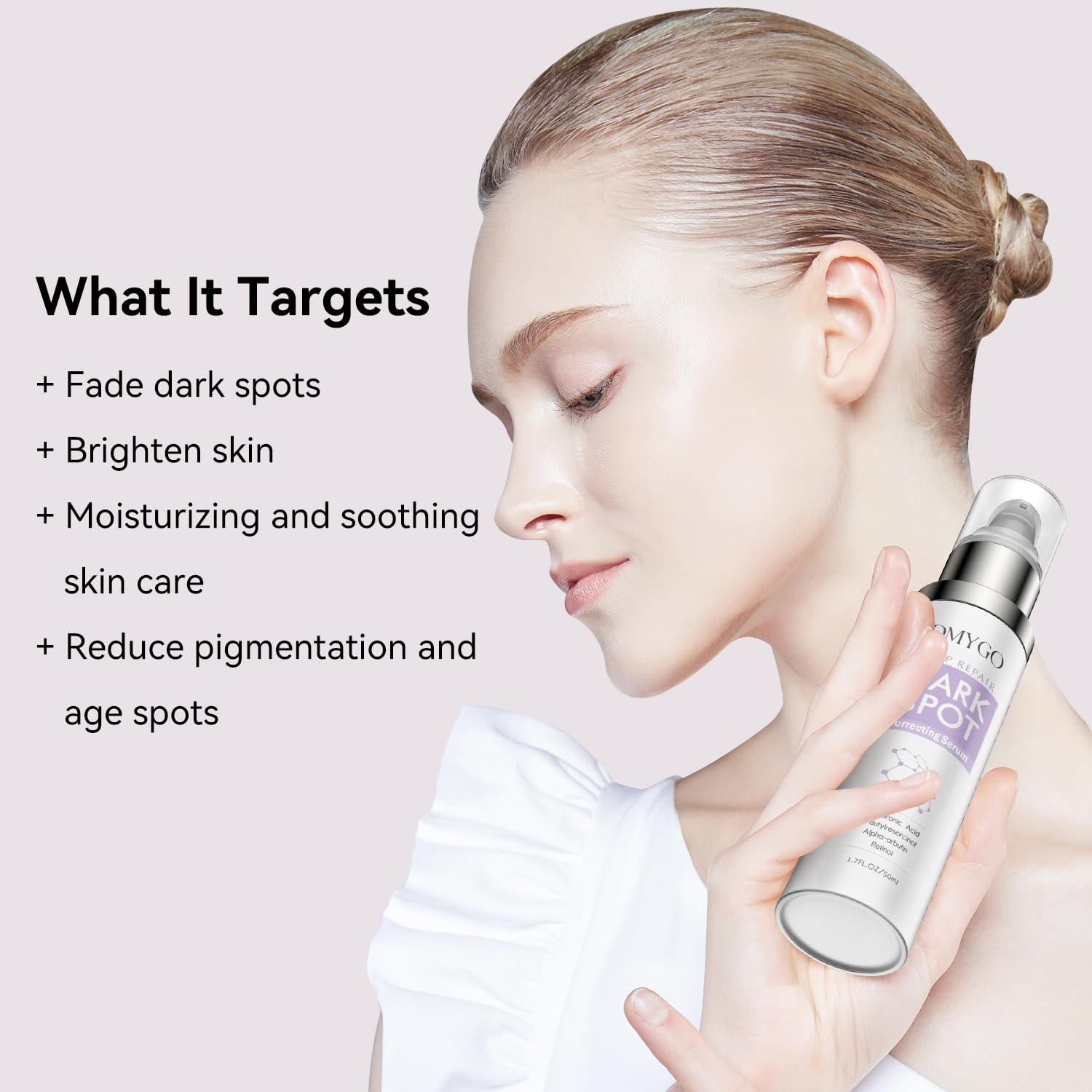 DMYGO dark spot remover bottle close-up highlights compact design for travel skincare.