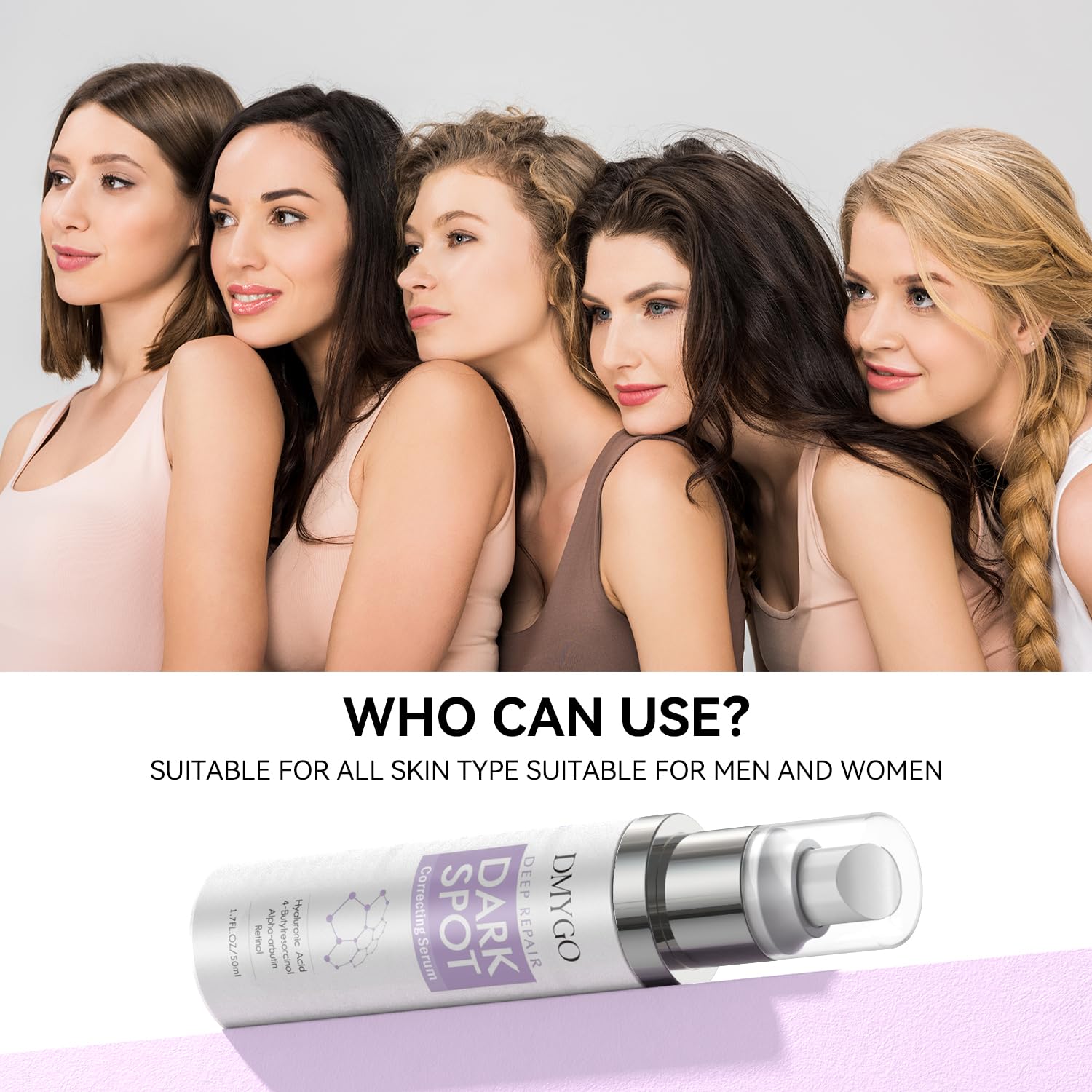 DMYGO dark spot remover ingredients crop highlights vitamin C and hyaluronic acid benefits.