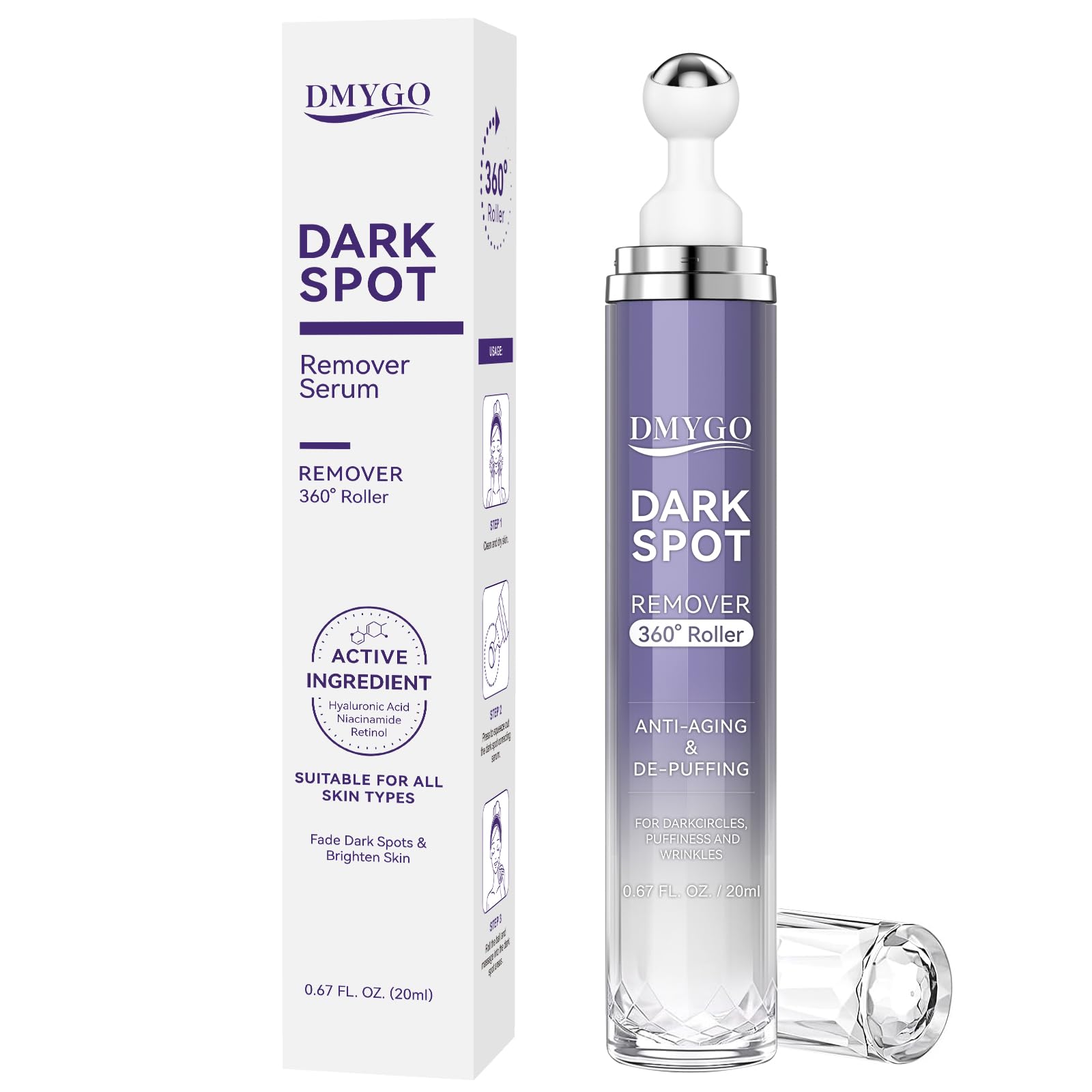 DMYGO dark spot remover bottle with 360-roller enables precise targeted application for even skin tone.