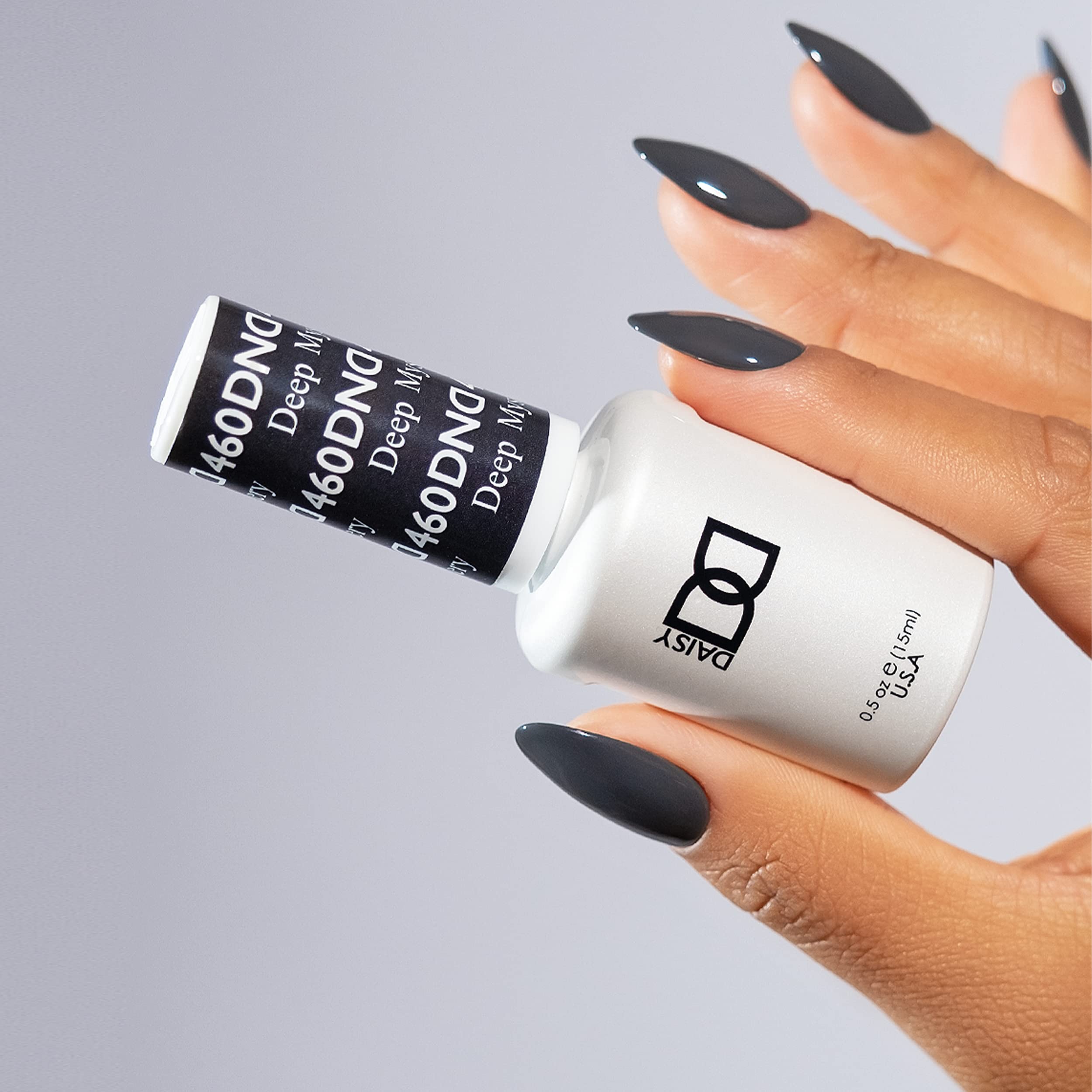 DND Deep Mystery 460 lacquer bottle with matching grey gloss for chip-free color.