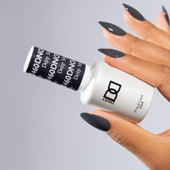 DND Deep Mystery 460 lacquer bottle with matching grey gloss for chip-free color.