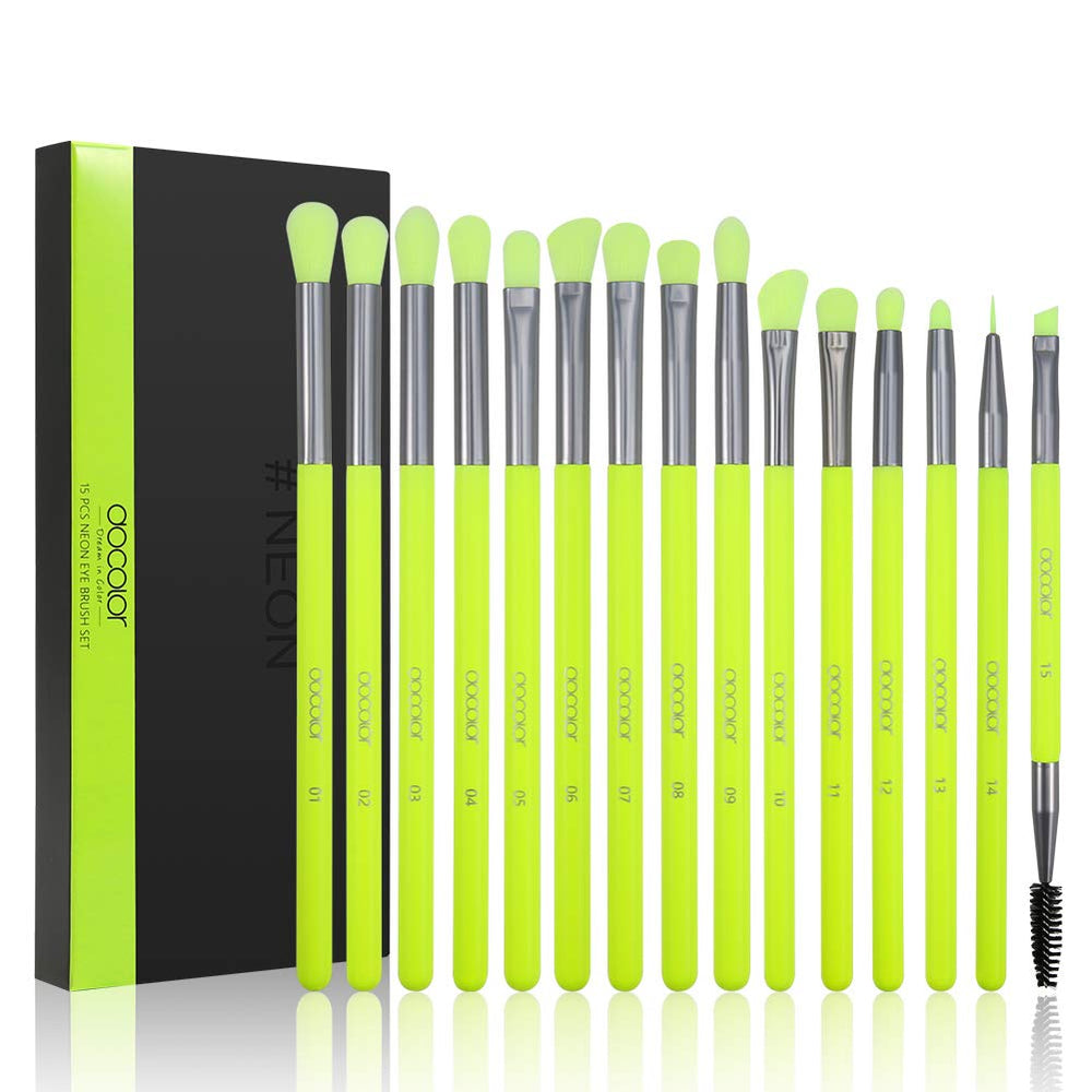Docolor 15pc eyeshadow brush set neon green handles for precise application and blending