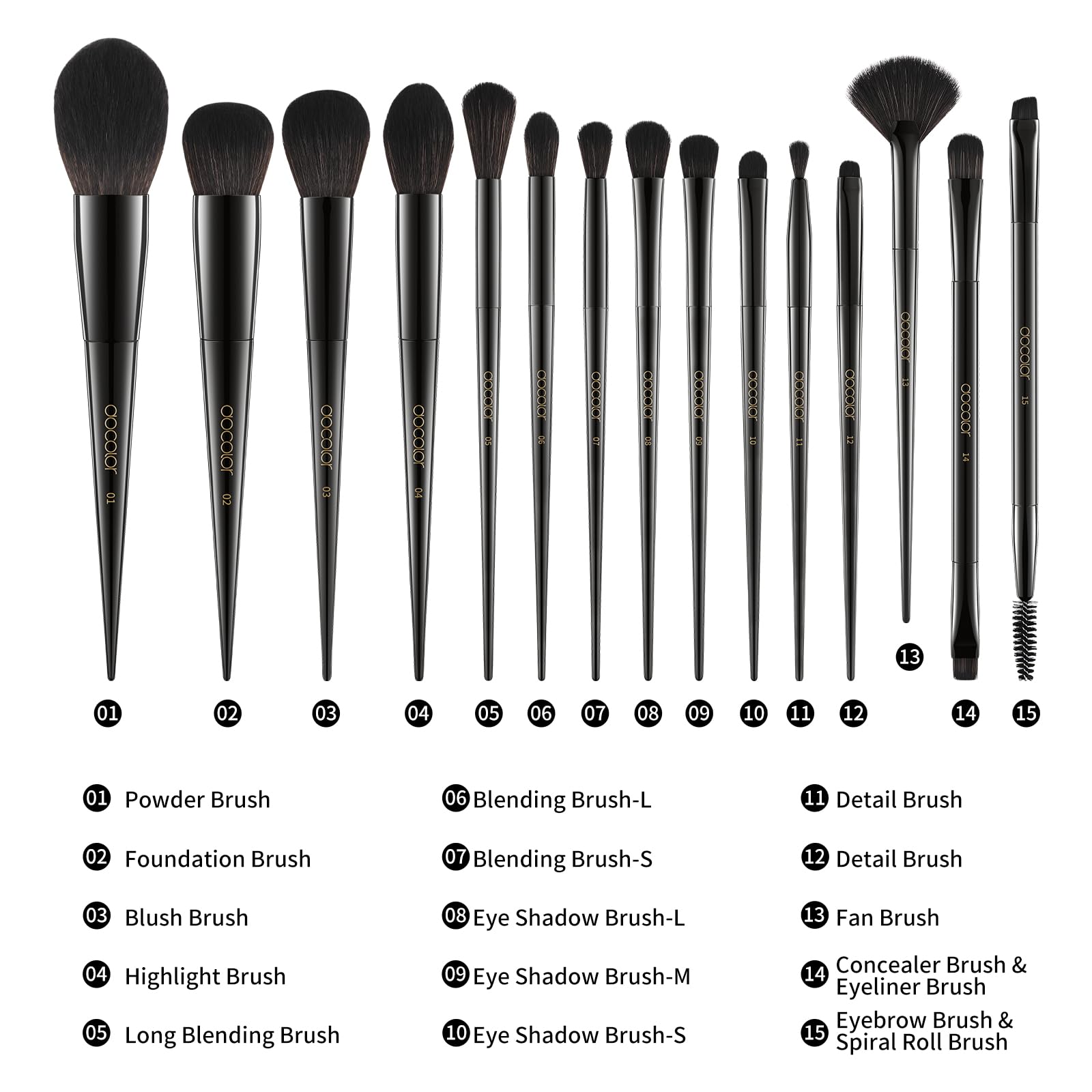 Docolor makeup brush set 15pc wooden handles for comfortable, controlled grip.
