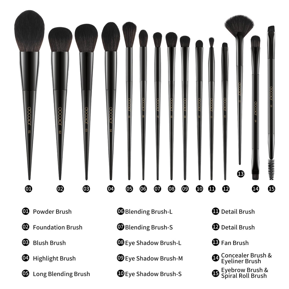 Docolor makeup brush set 15pc wooden handles for comfortable, controlled grip.