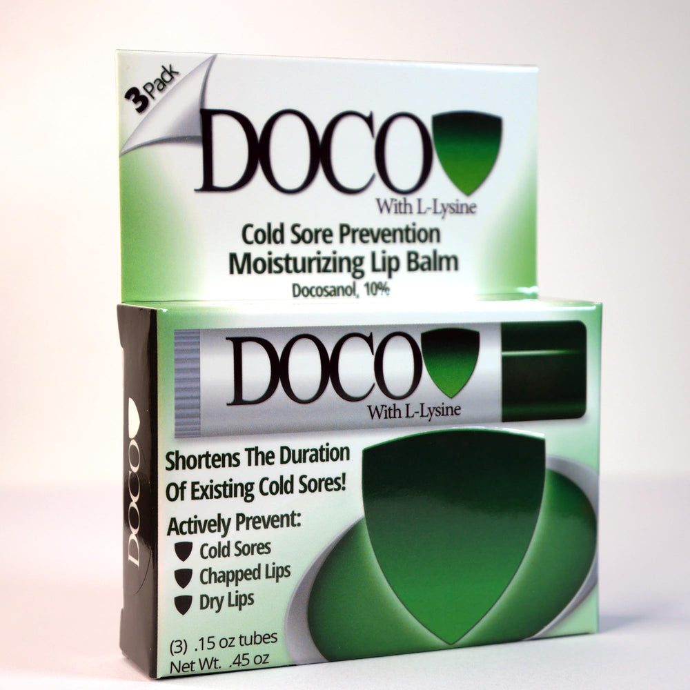 DOCO DocoShield lip balm 3-pack on the shelf, value and protection for daily use.